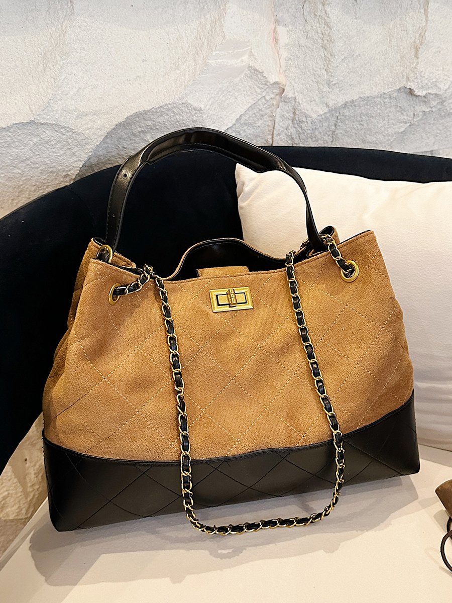 Brown Quilted Shoulder Bag with Chain Strap