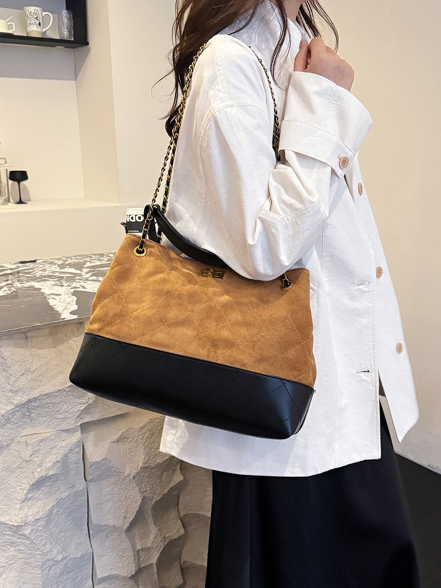 Brown Quilted Shoulder Bag with Chain Strap