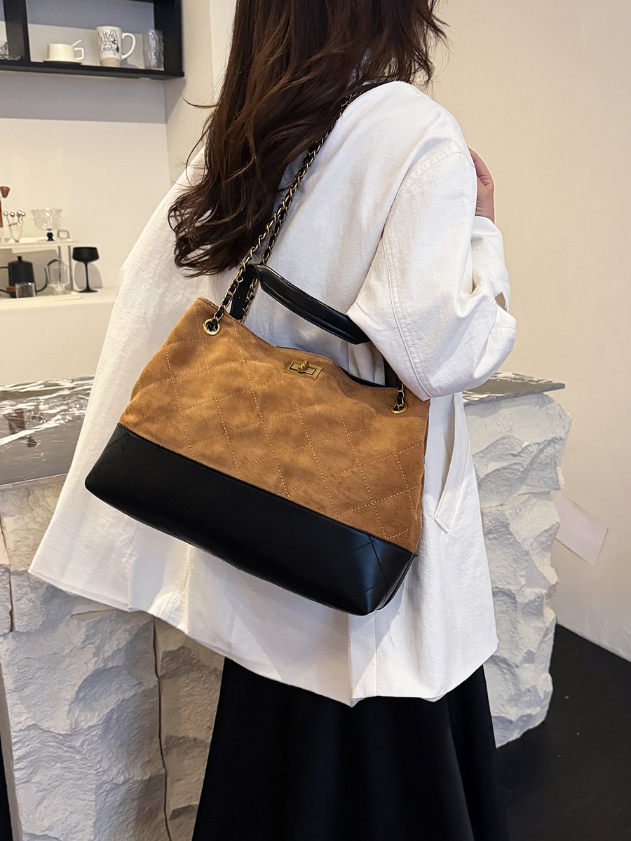 Brown Quilted Shoulder Bag with Chain Strap
