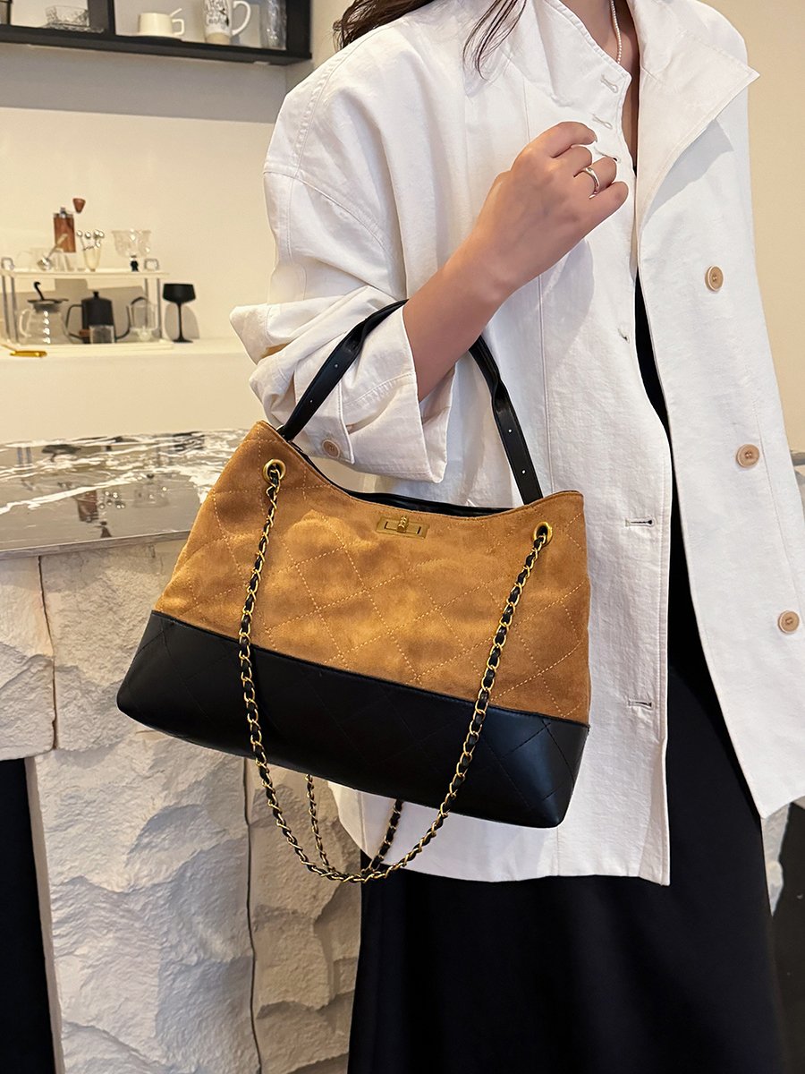 Brown Quilted Shoulder Bag with Chain Strap