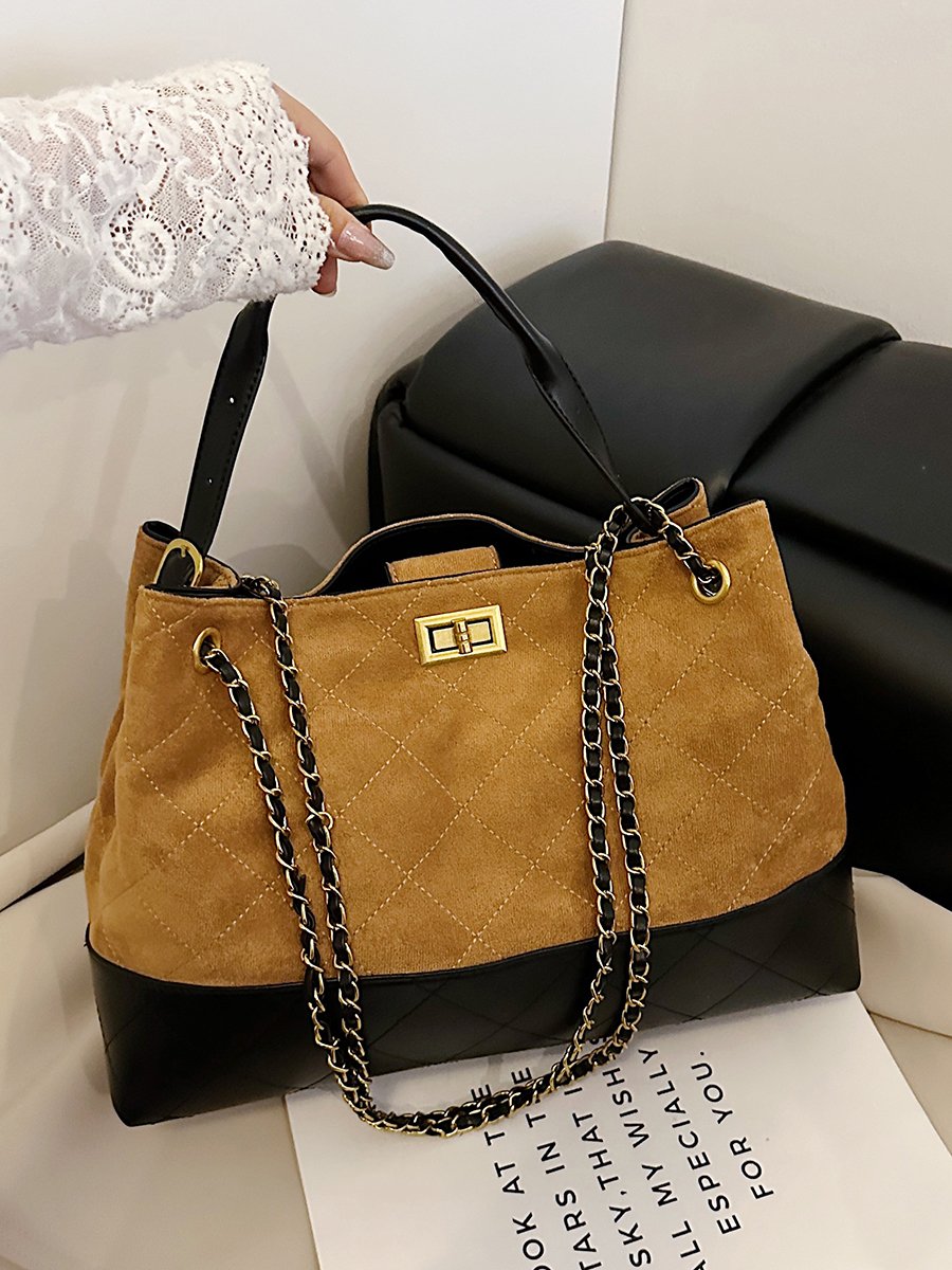 Brown Quilted Shoulder Bag with Chain Strap