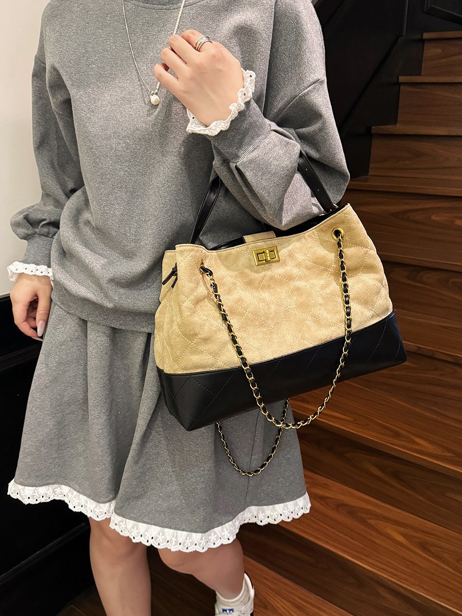 Khaki Quilted Shoulder Bag with Chain Strap