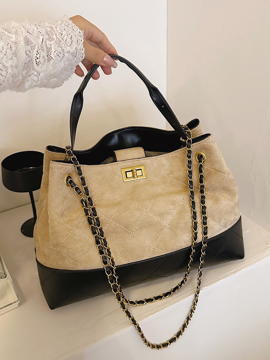 Khaki Quilted Shoulder Bag with Chain Strap