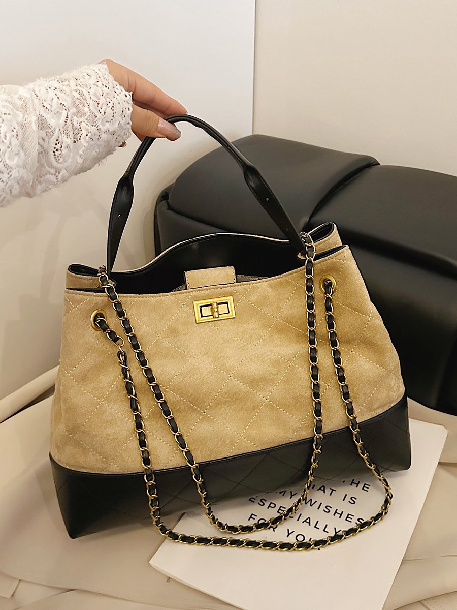 Khaki Quilted Shoulder Bag with Chain Strap