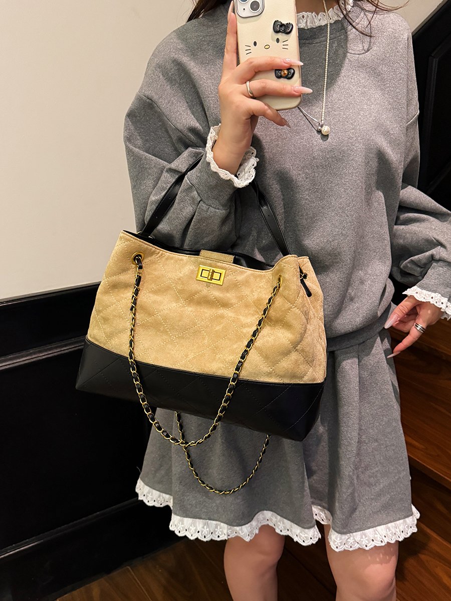 Khaki Quilted Shoulder Bag with Chain Strap