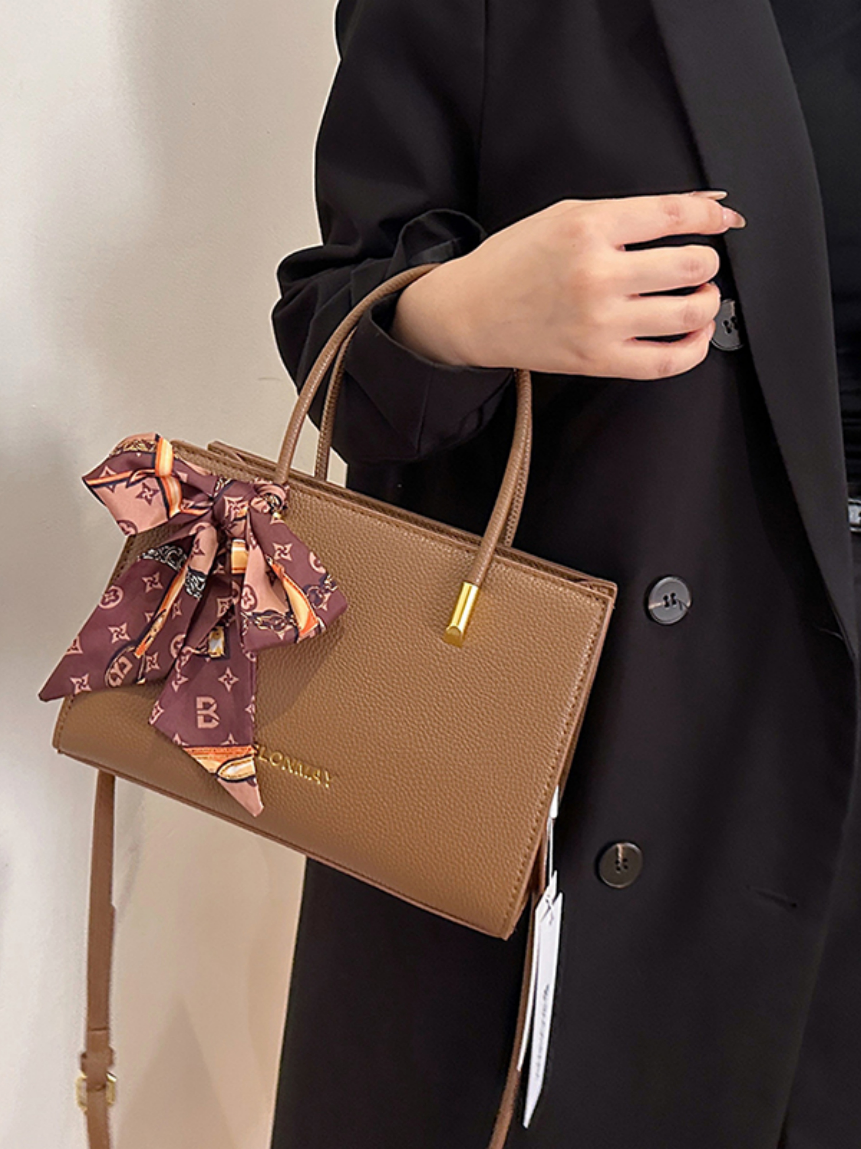 Khaki Solid Crossbody Bag with Scarf Detail