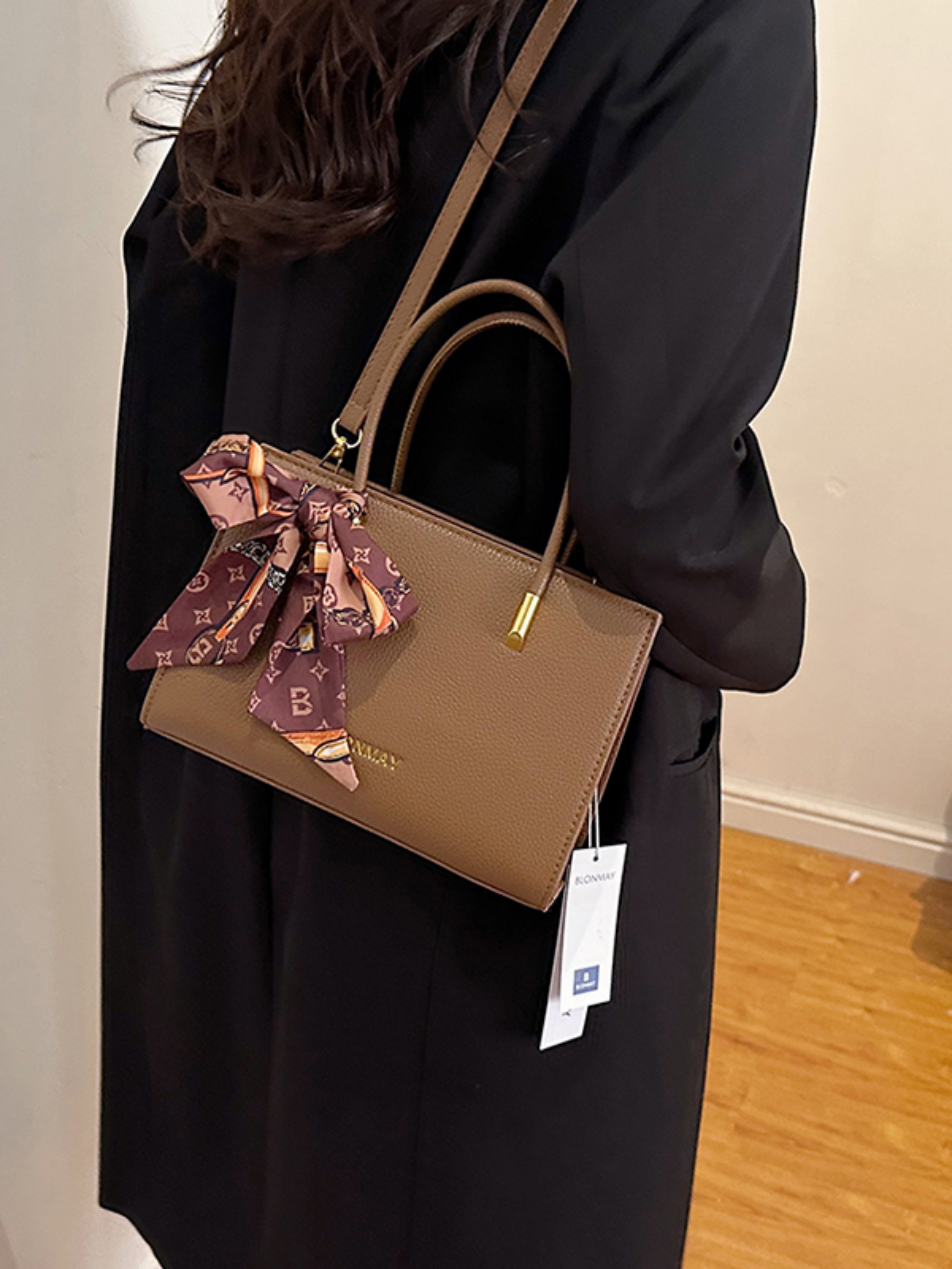 Khaki Solid Crossbody Bag with Scarf Detail