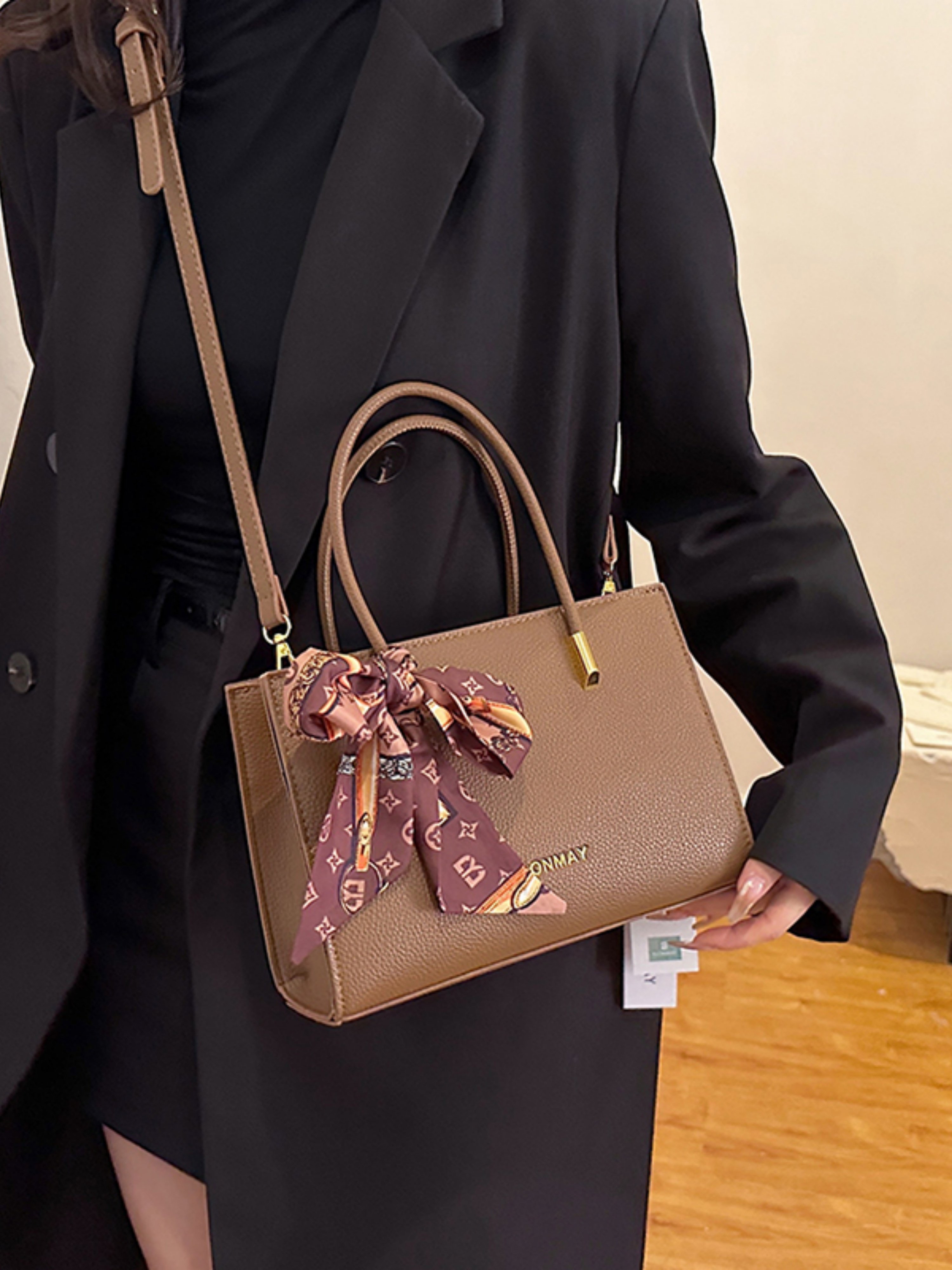 Khaki Solid Crossbody Bag with Scarf Detail