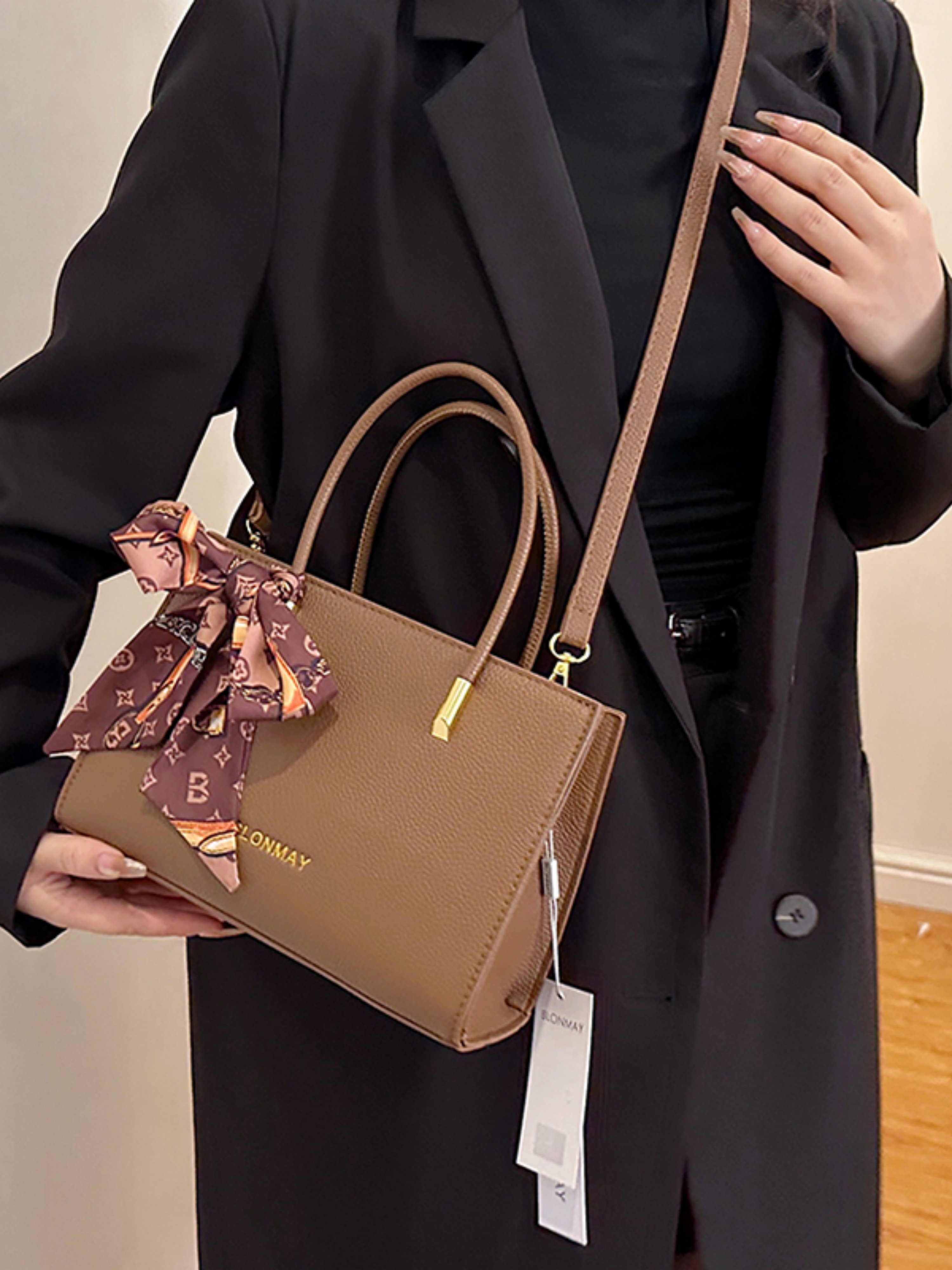 Khaki Solid Crossbody Bag with Scarf Detail