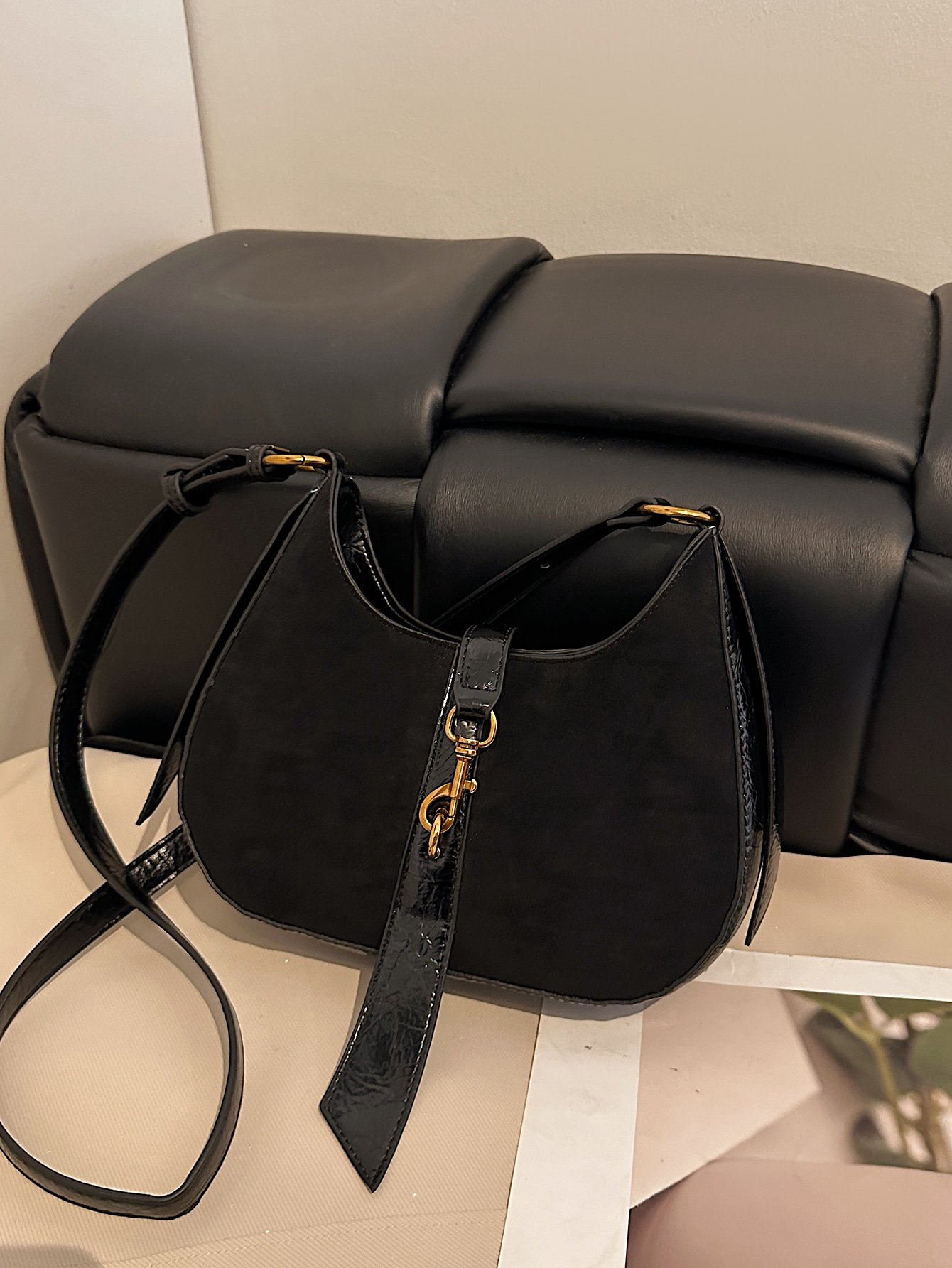 Black Solid Crossbody Bag with Hook