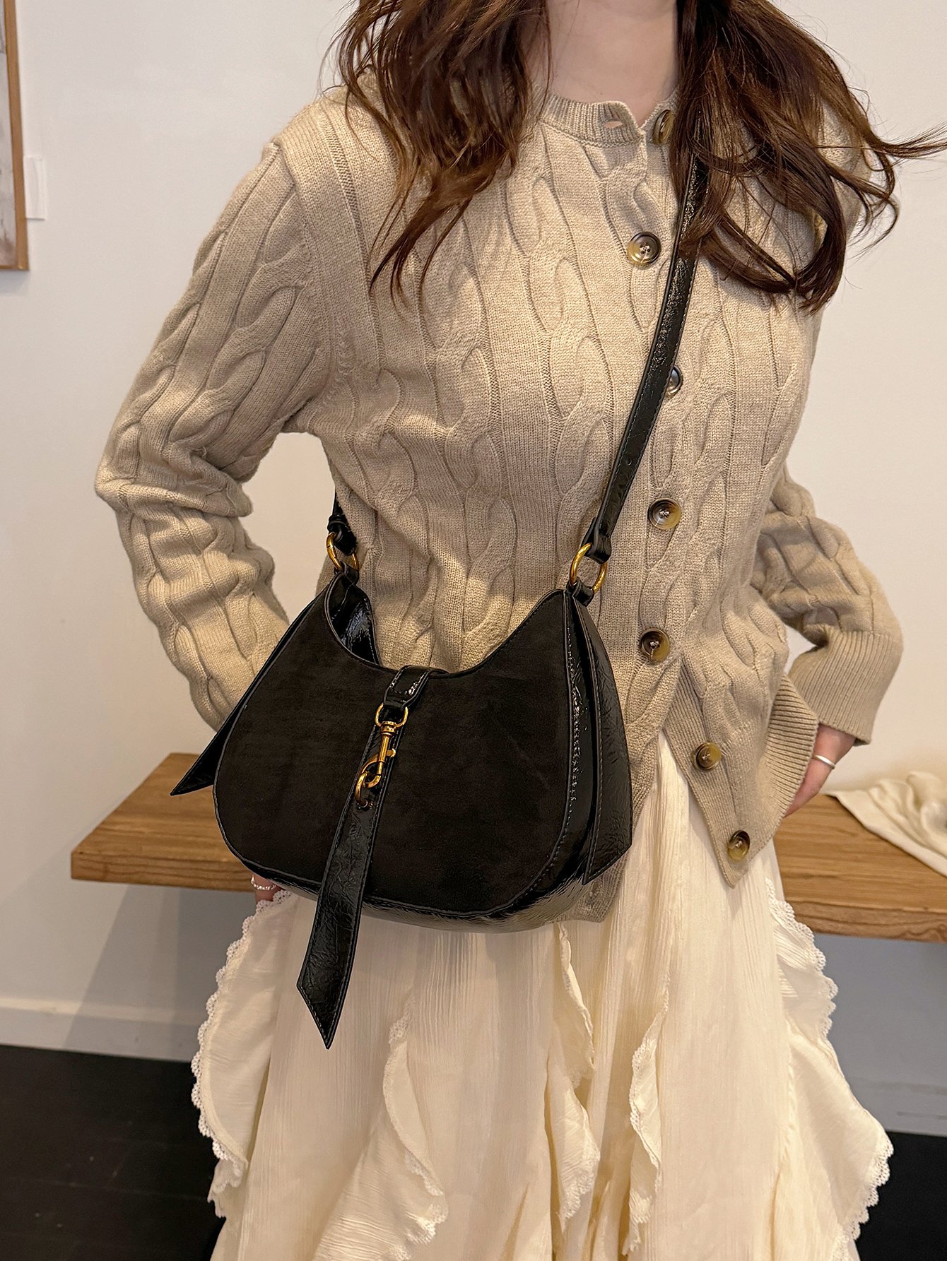 Black Solid Crossbody Bag with Hook