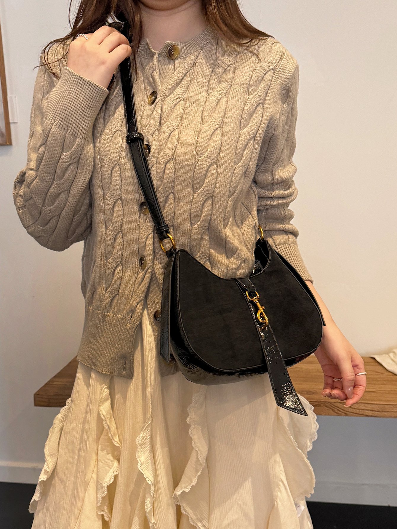 Black Solid Crossbody Bag with Hook