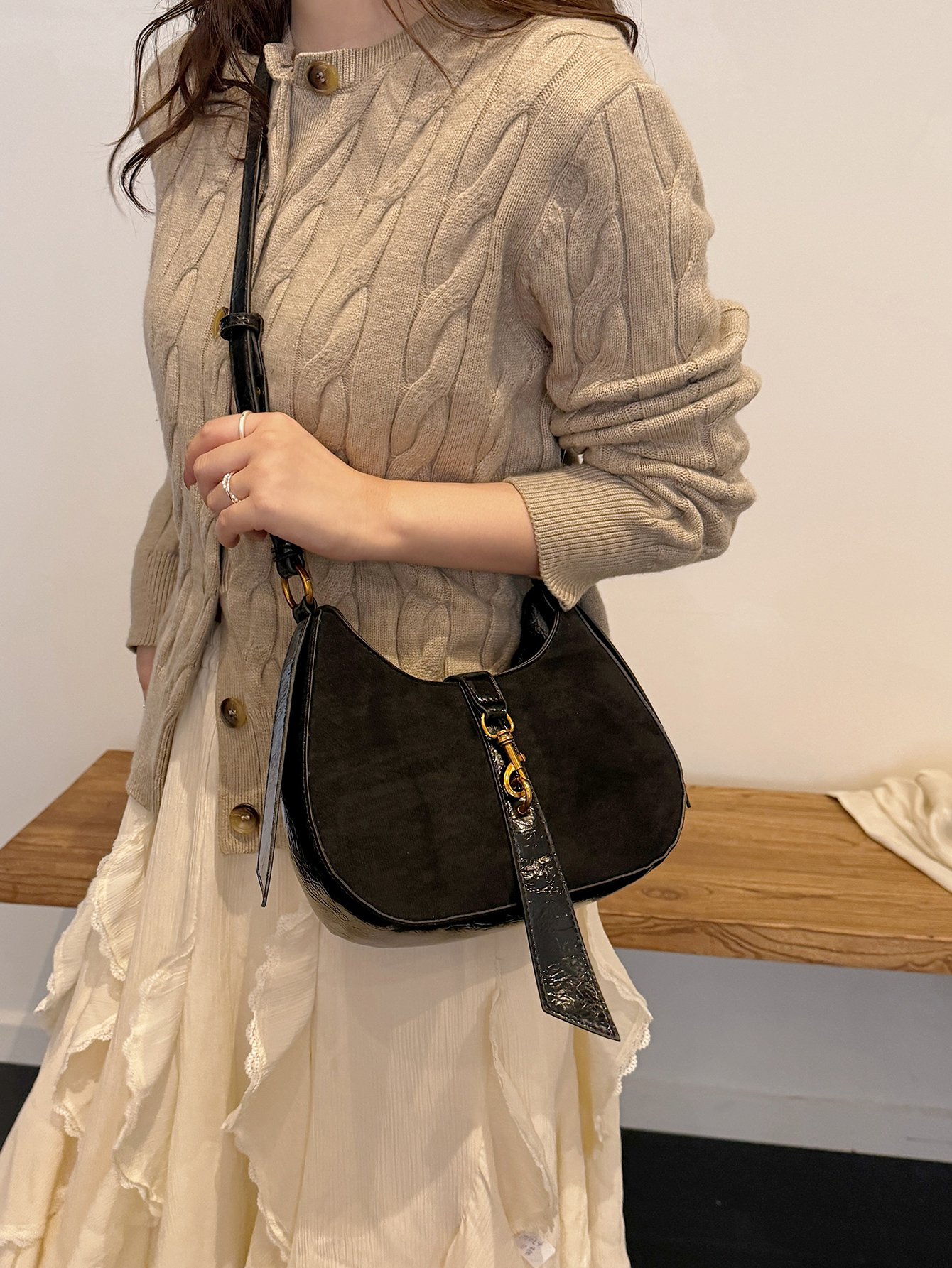 Black Solid Crossbody Bag with Hook
