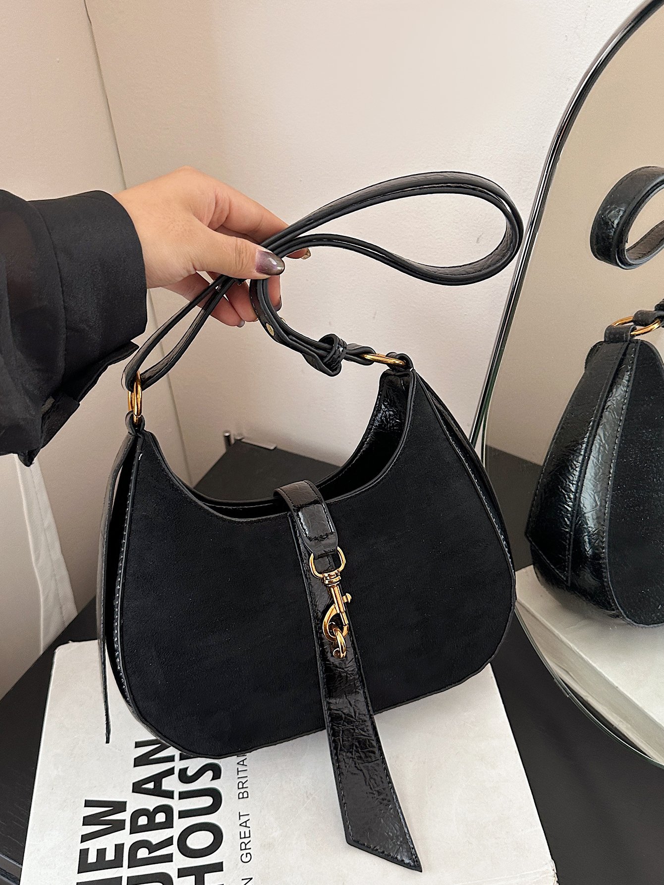 Black Solid Crossbody Bag with Hook