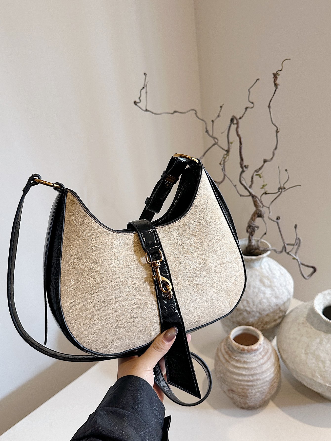 Khaki Suede Look Crossbody Bag