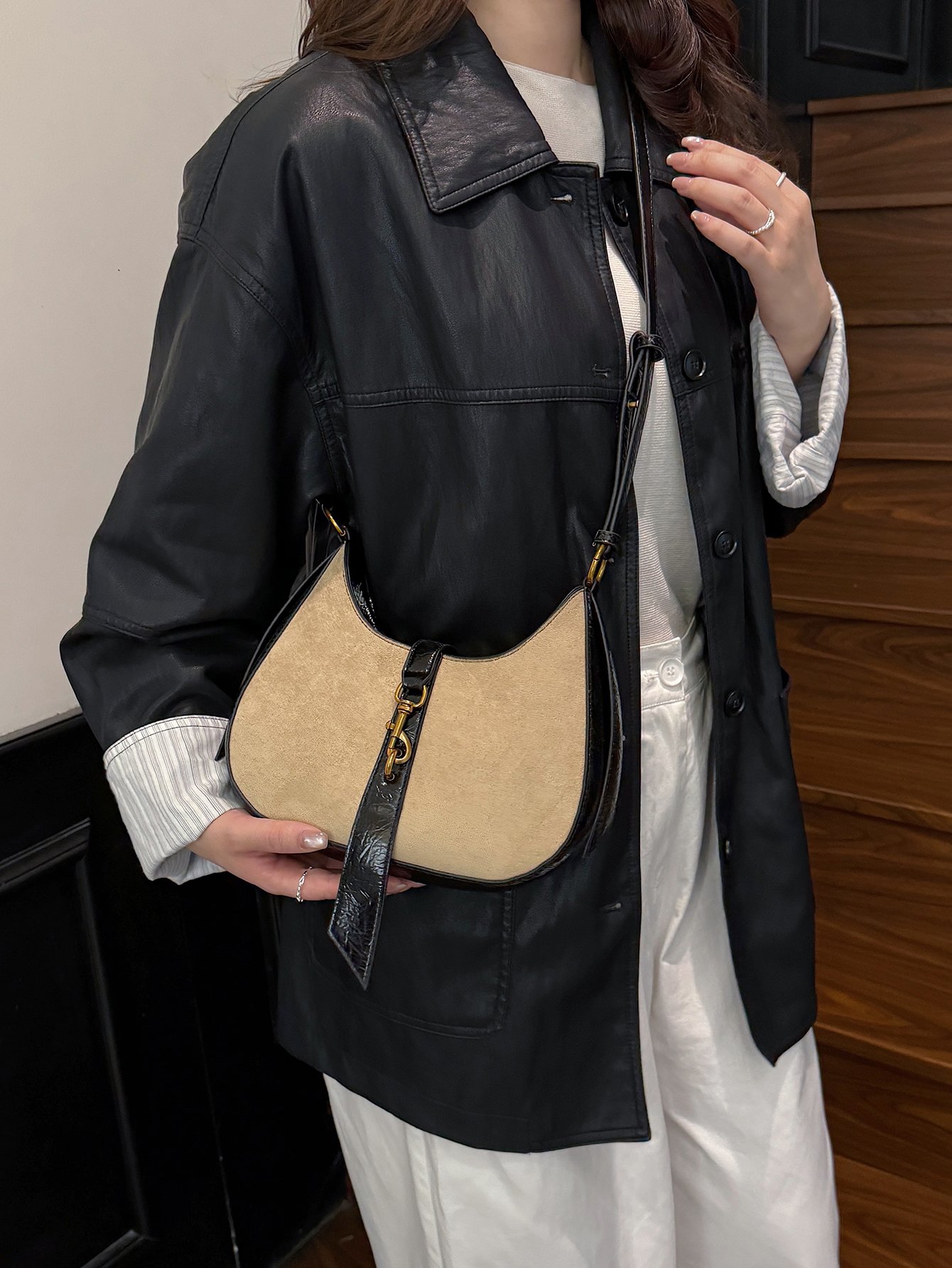 Khaki Suede Look Crossbody Bag