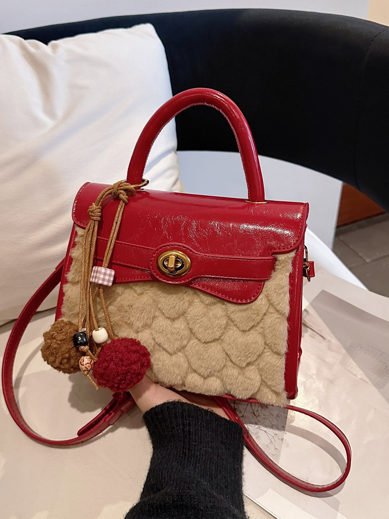 Red Faux Fur Heart Pattern Crossbody Bag with Tassel Charm