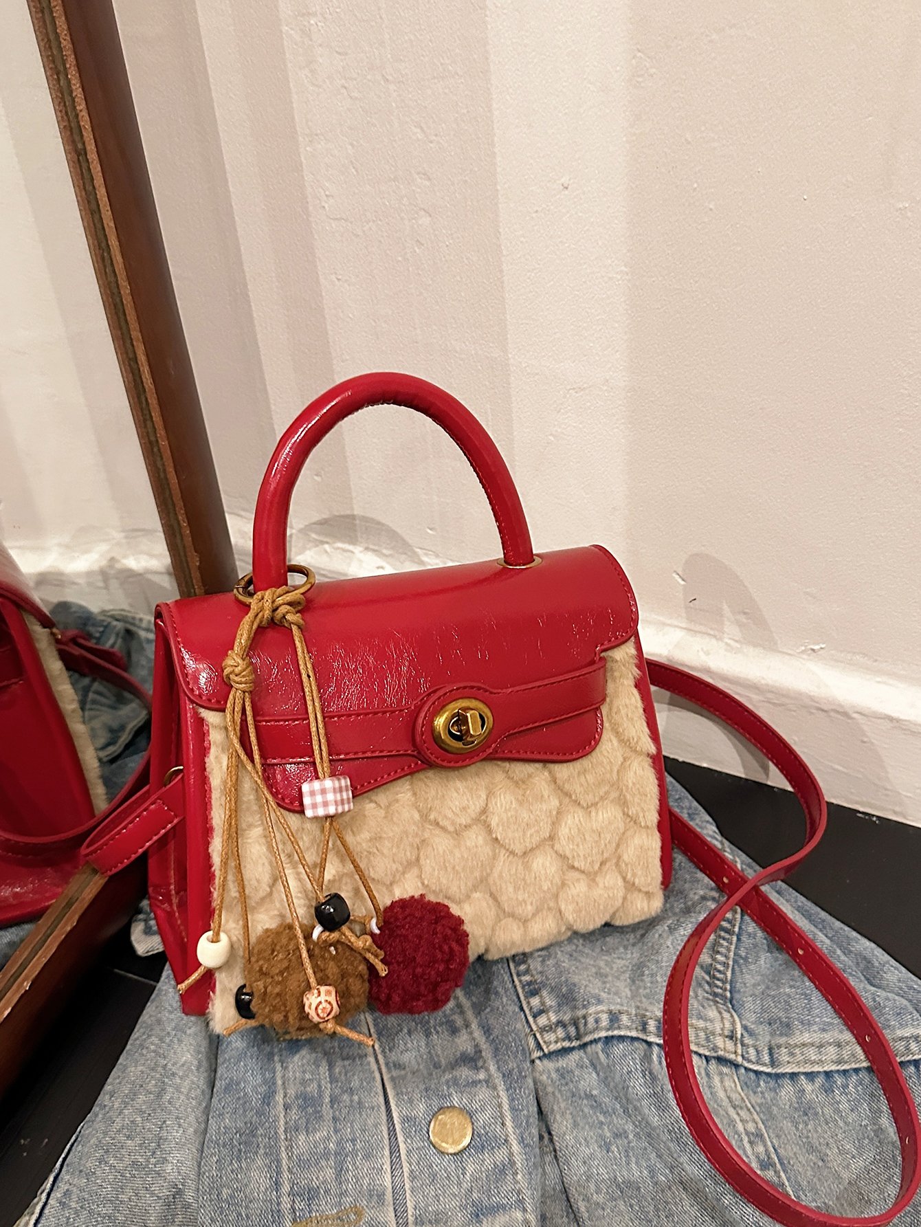 Red Faux Fur Heart Pattern Crossbody Bag with Tassel Charm