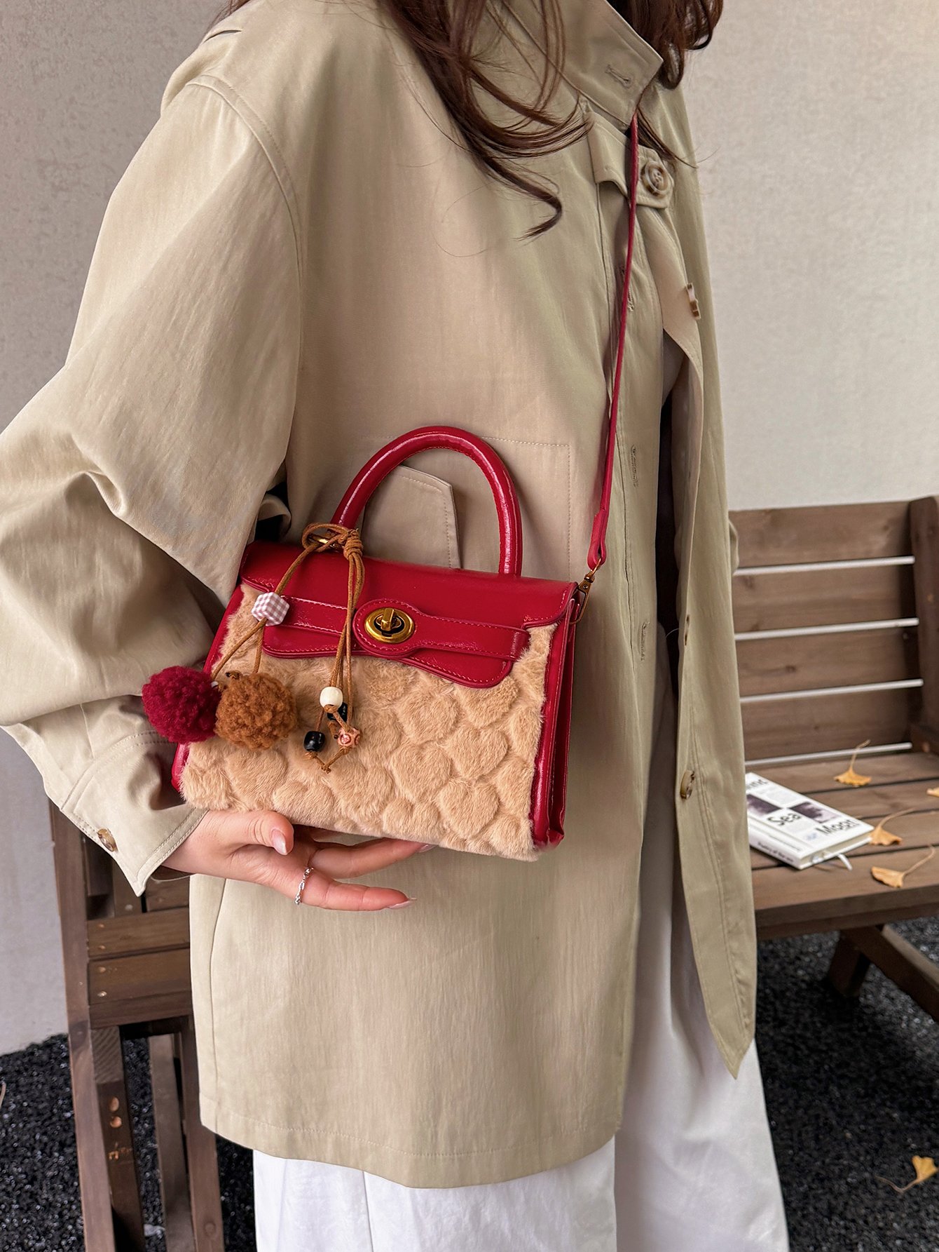 Red Faux Fur Heart Pattern Crossbody Bag with Tassel Charm