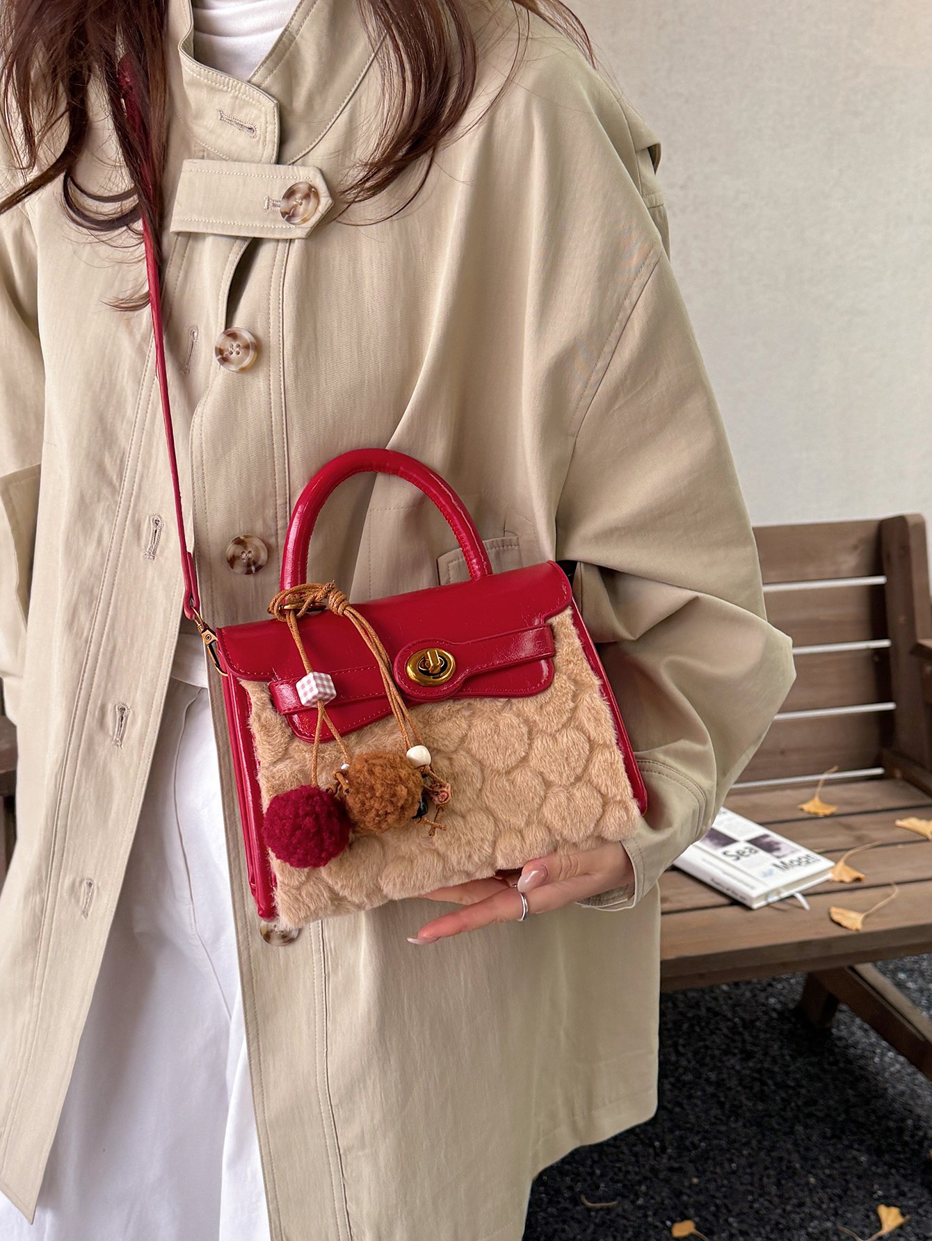 Red Faux Fur Heart Pattern Crossbody Bag with Tassel Charm