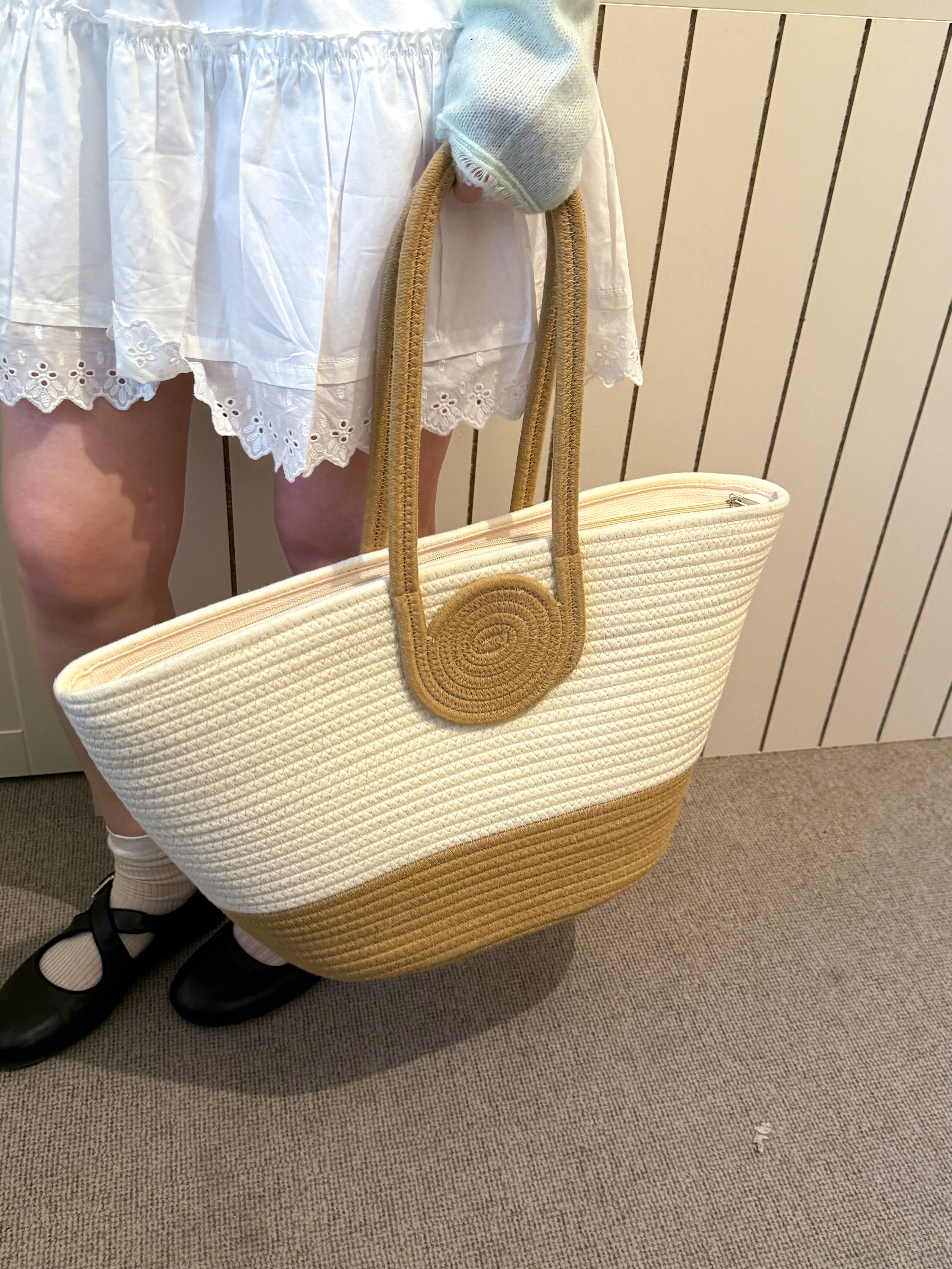 Off-White Woven Shoulder Bag with Tan Trim