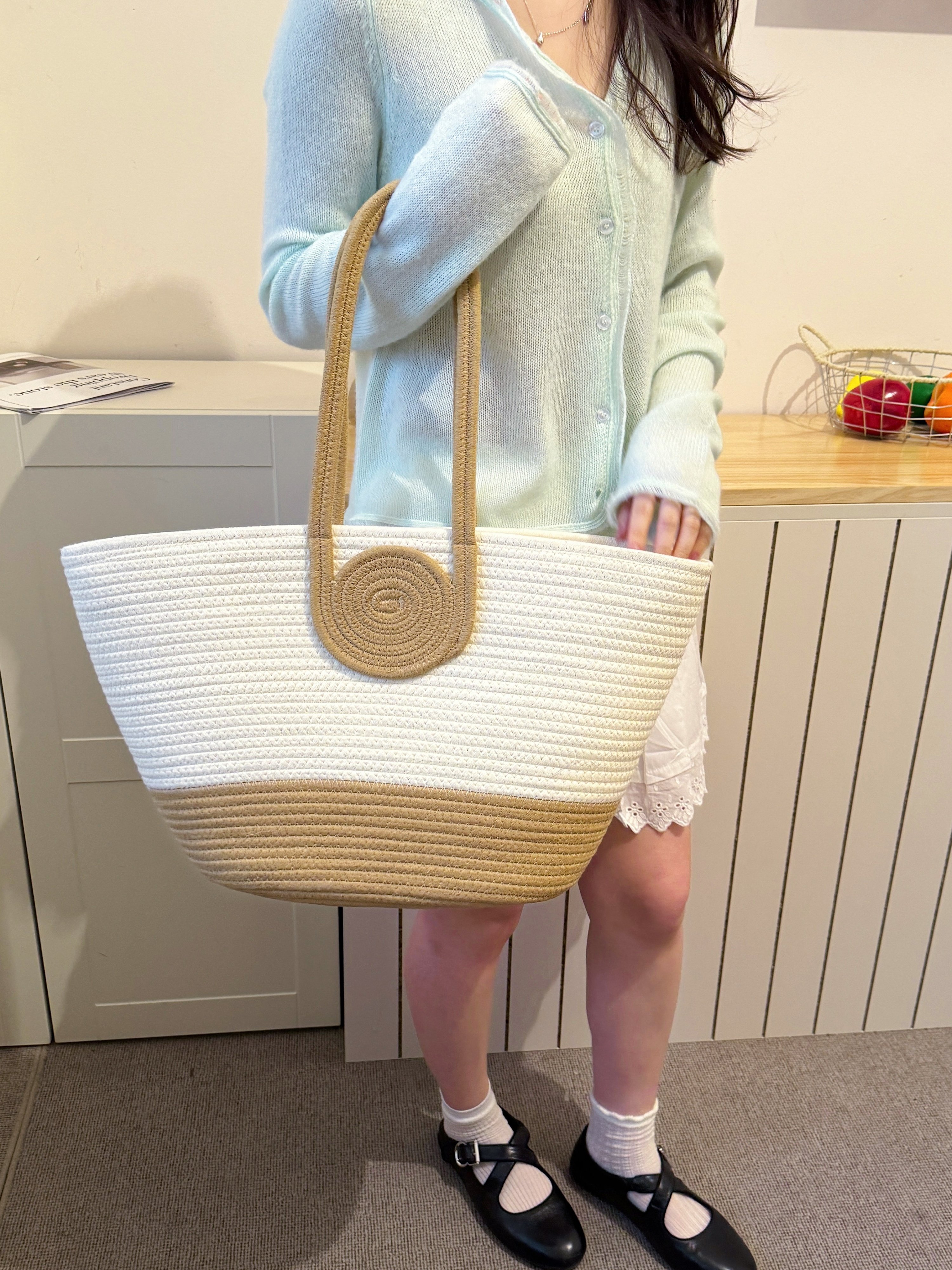 Off-White Woven Shoulder Bag with Tan Trim
