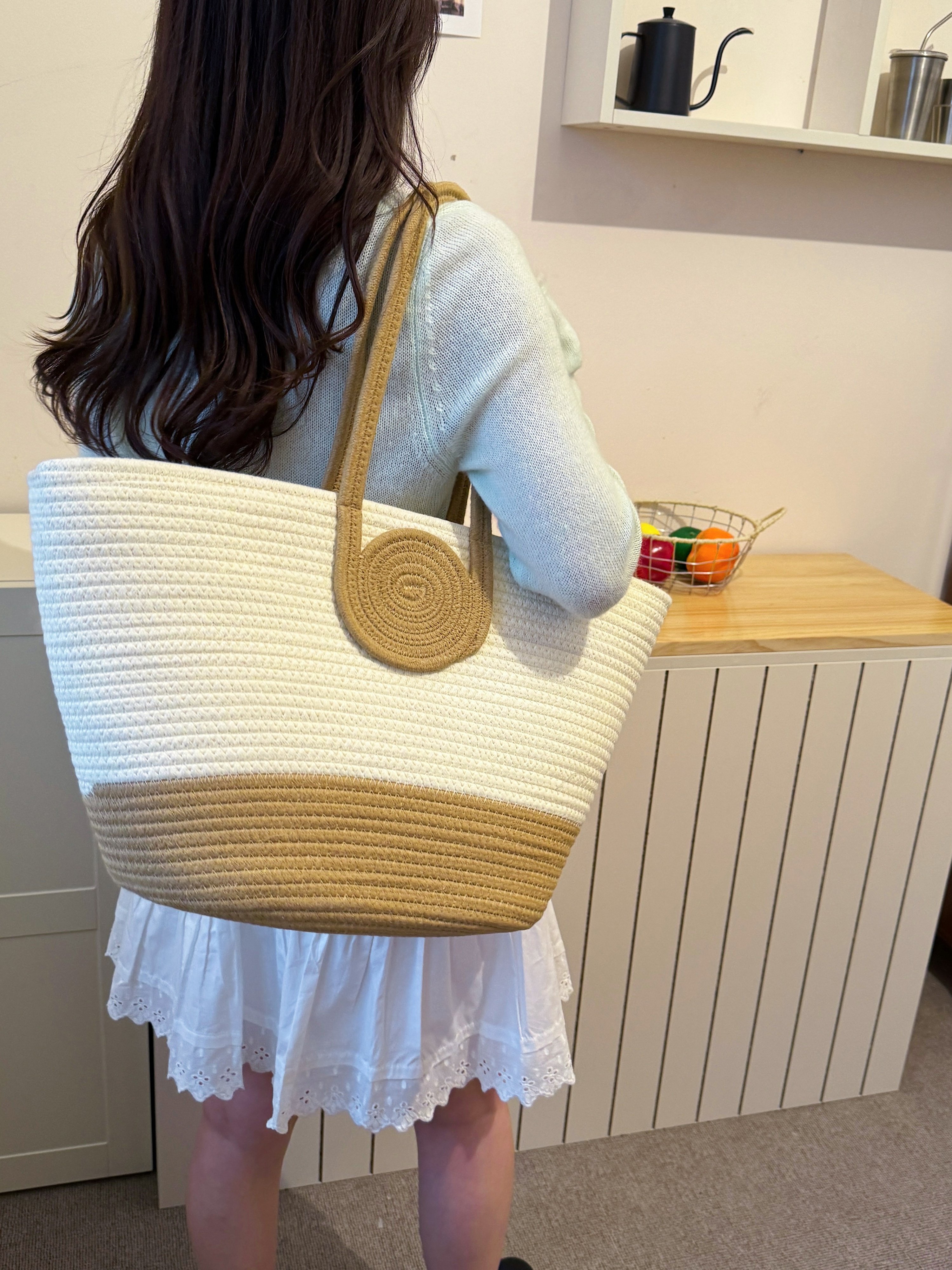 Off-White Woven Shoulder Bag with Tan Trim