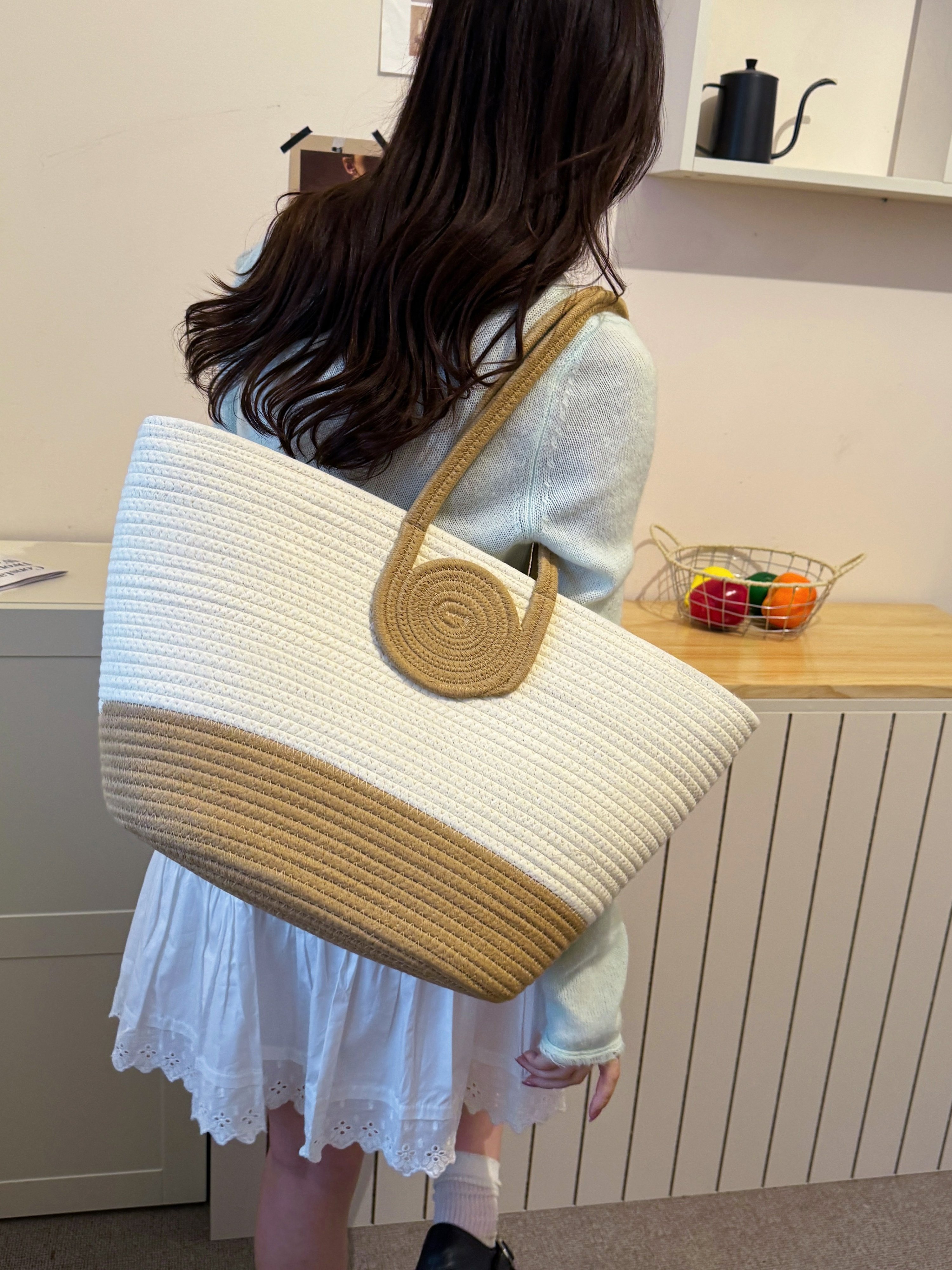 Off-White Woven Shoulder Bag with Tan Trim