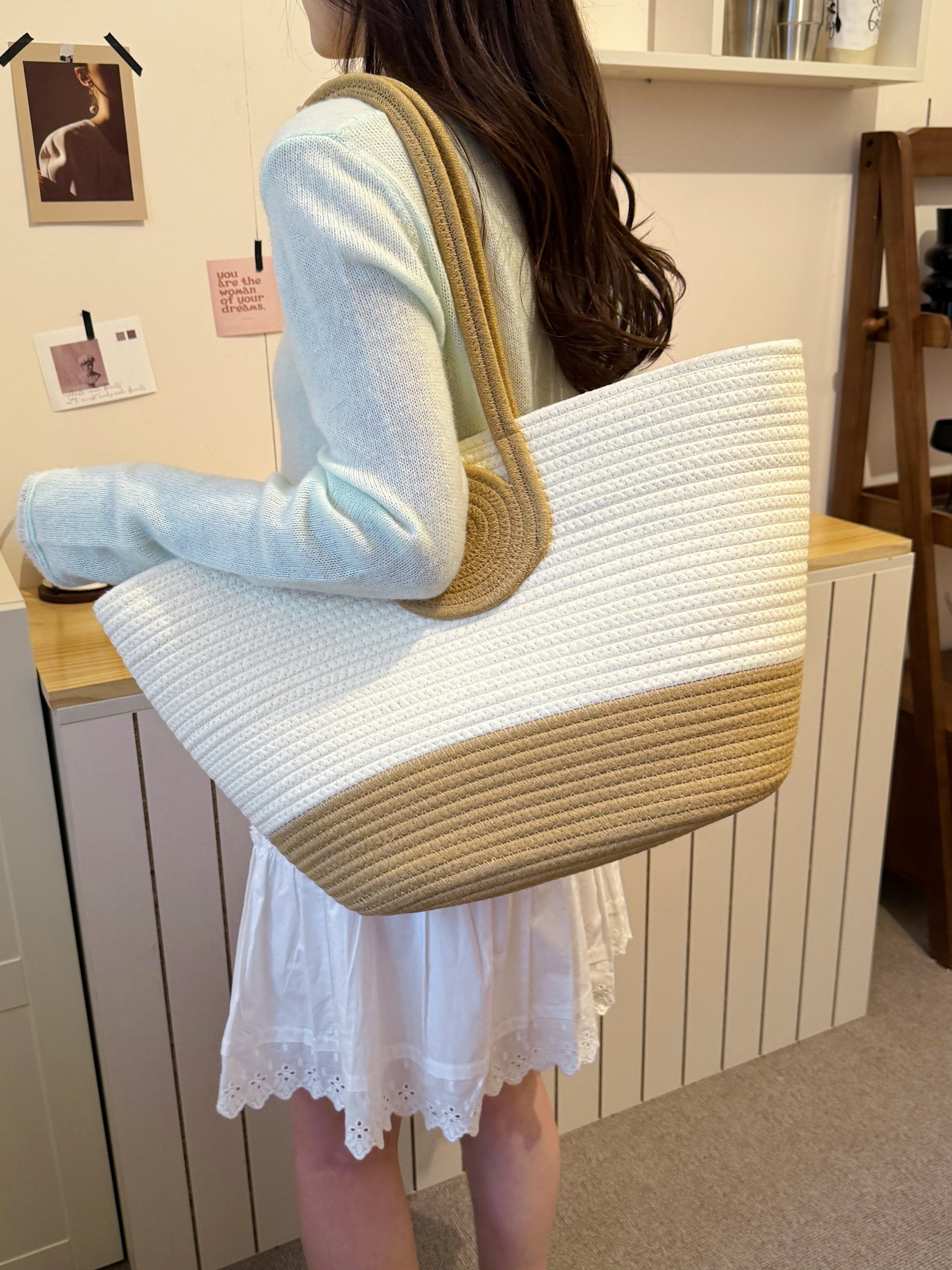 Off-White Woven Shoulder Bag with Tan Trim