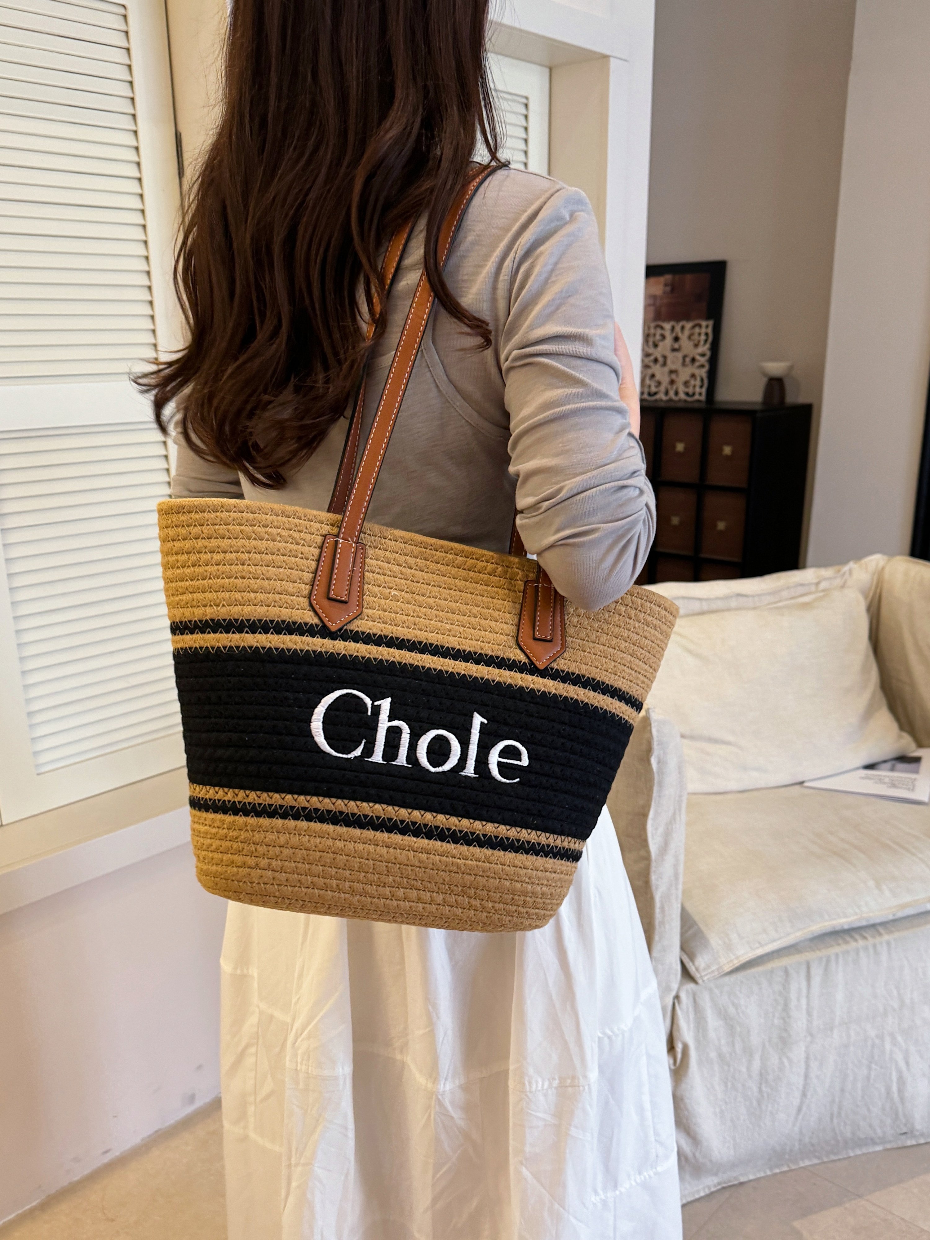 Khaki Woven Straw Shoulder Bag with Embroidered Logo