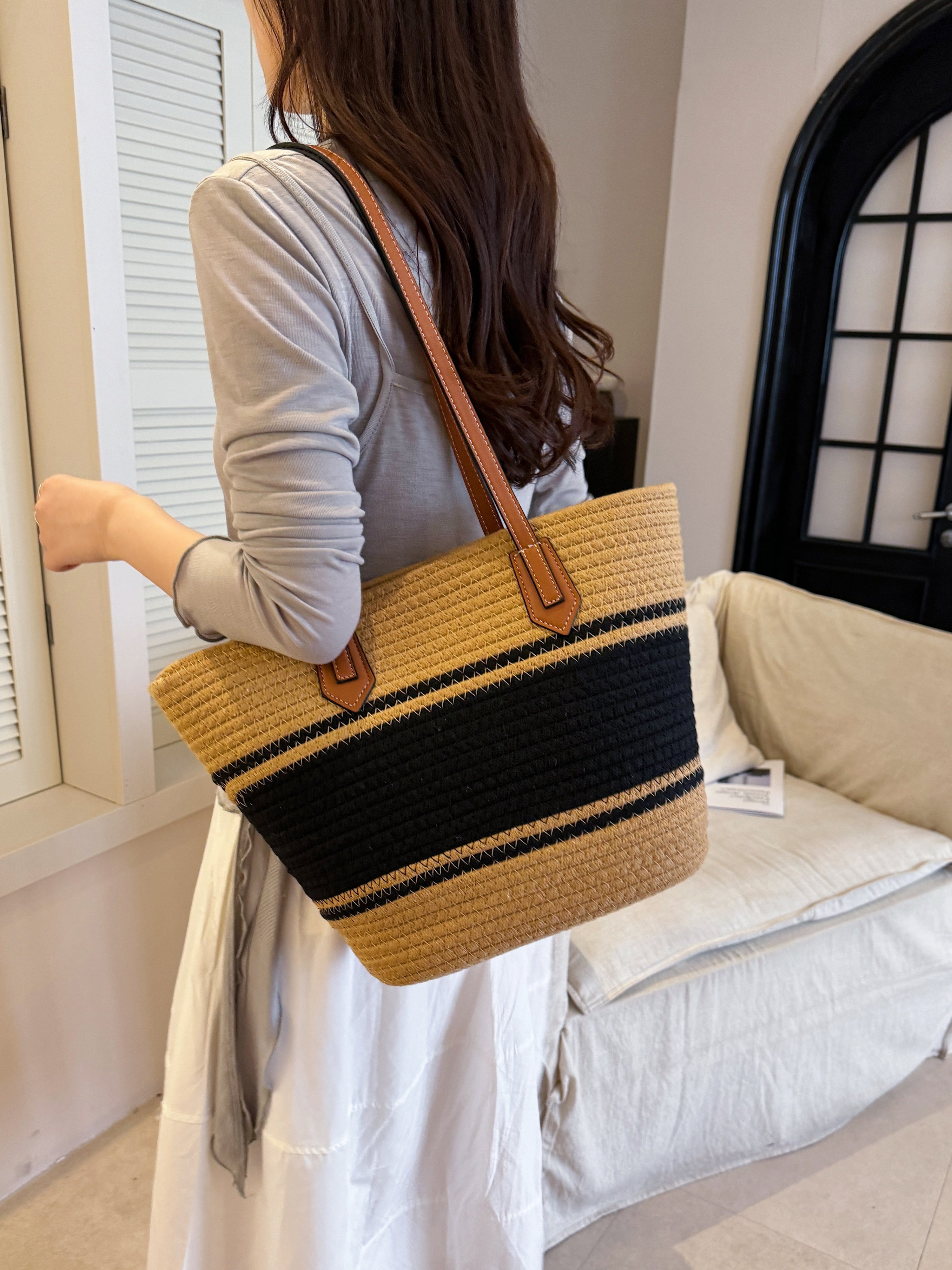 Khaki Woven Straw Shoulder Bag with Embroidered Logo
