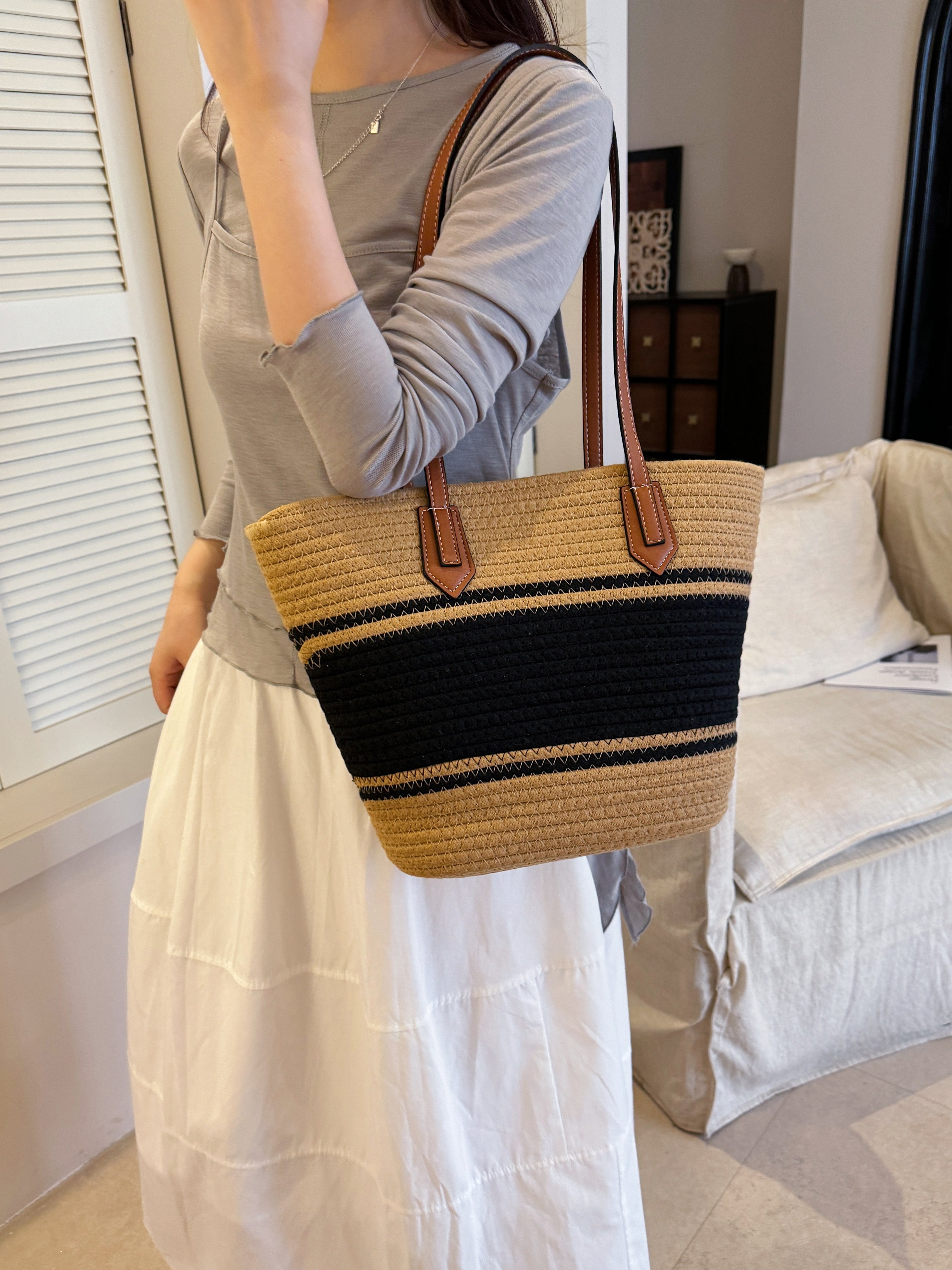Khaki Woven Straw Shoulder Bag with Embroidered Logo