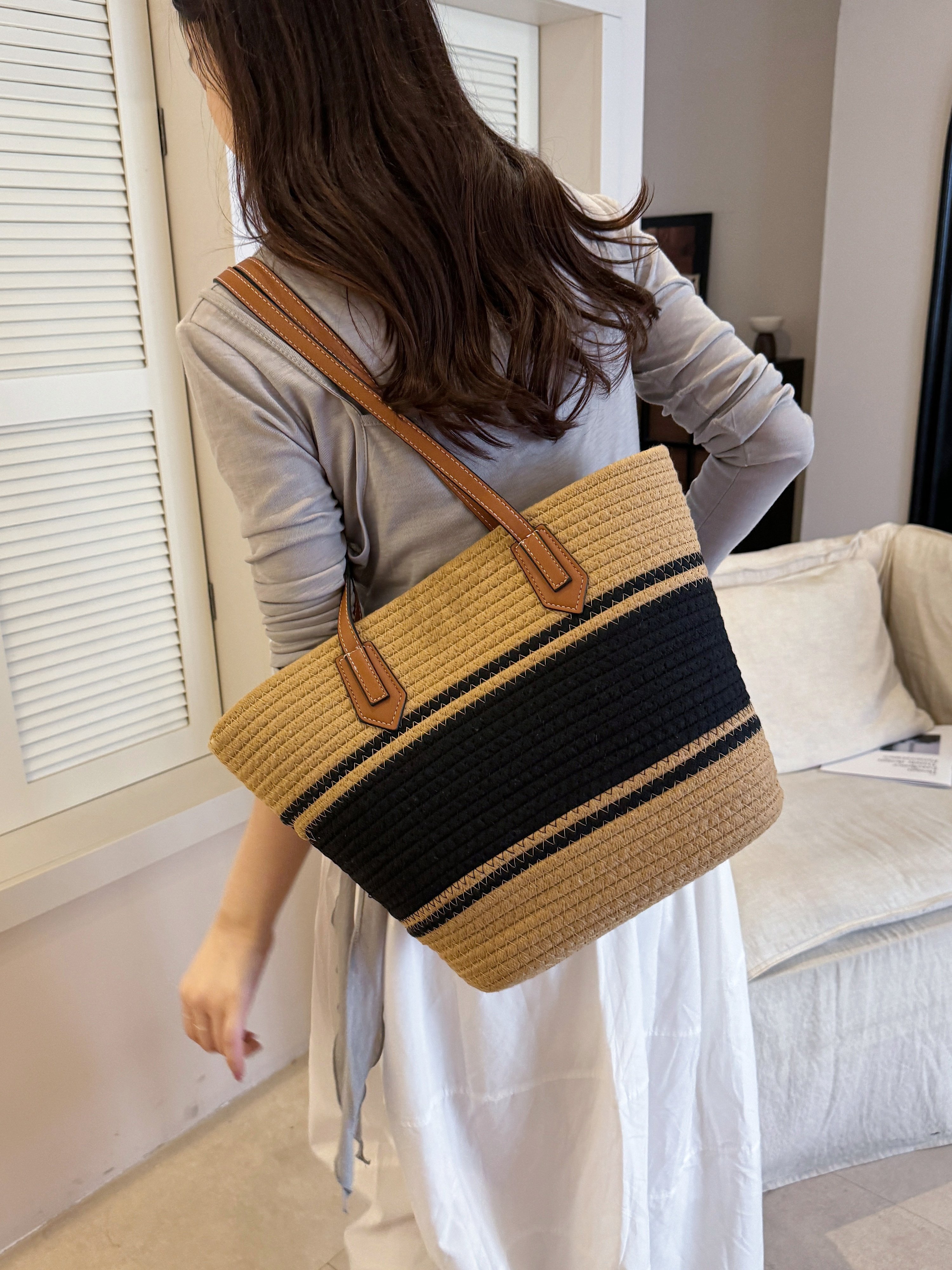 Khaki Woven Straw Shoulder Bag with Embroidered Logo