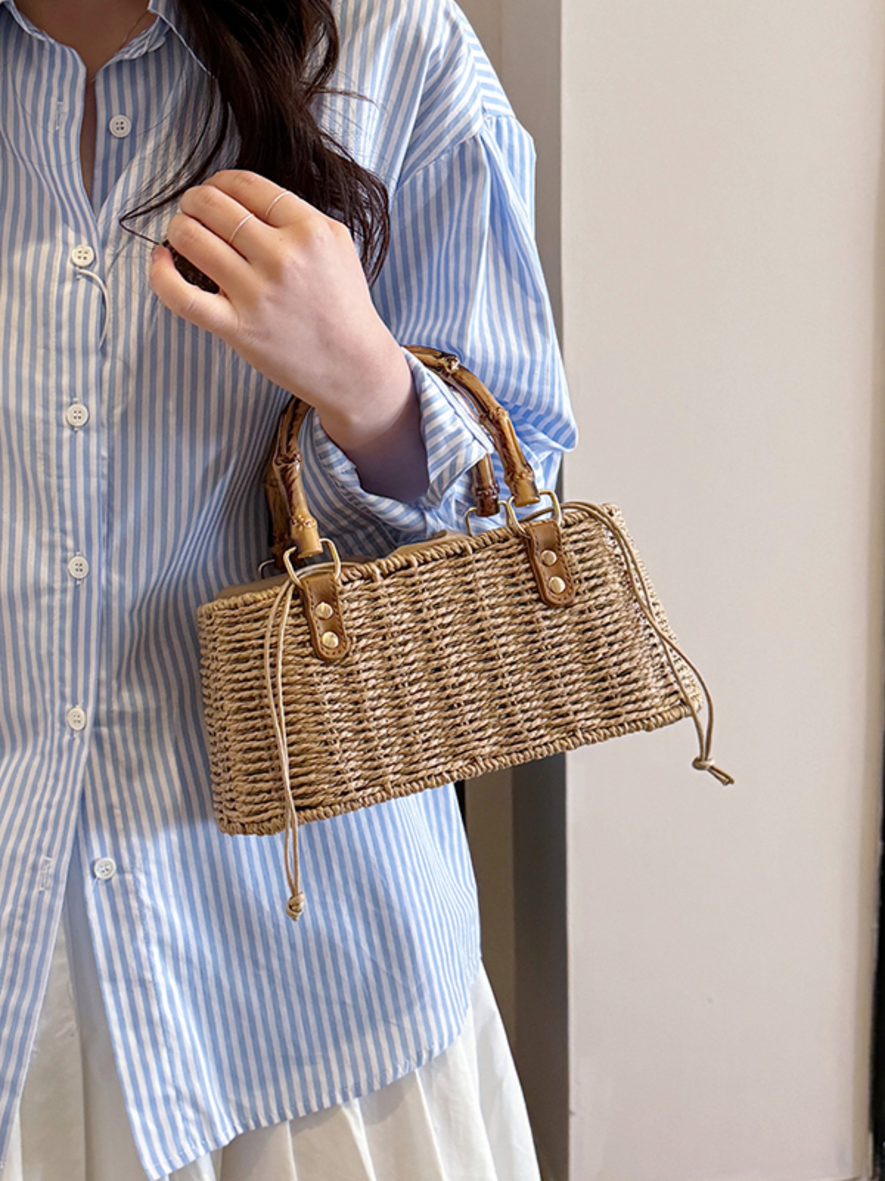Tan Woven Rattan Crossbody Bag with Bamboo Handle