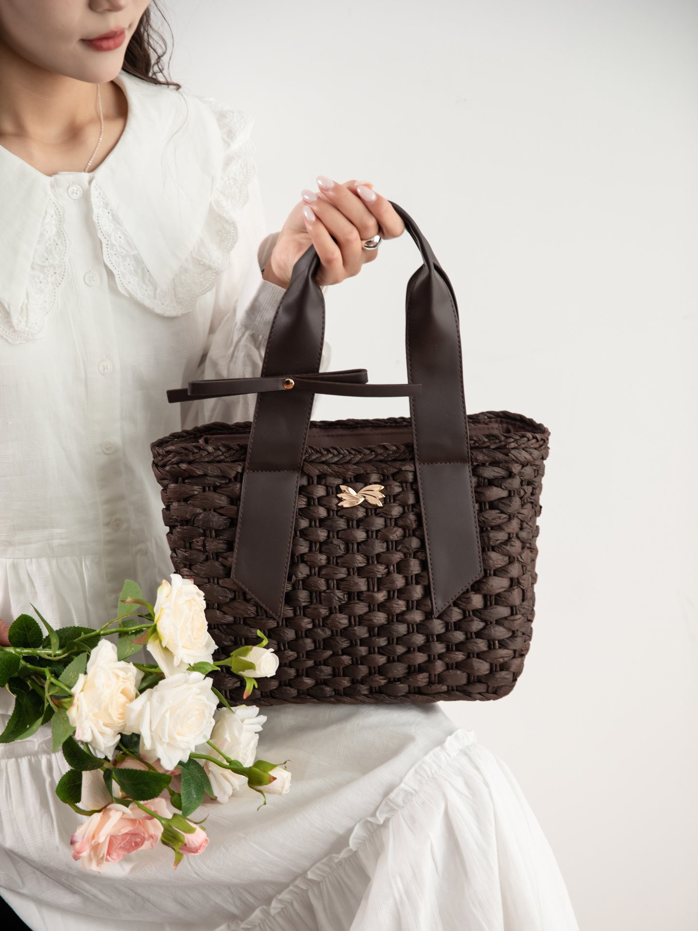Purple Woven Handbag with Bow Accent