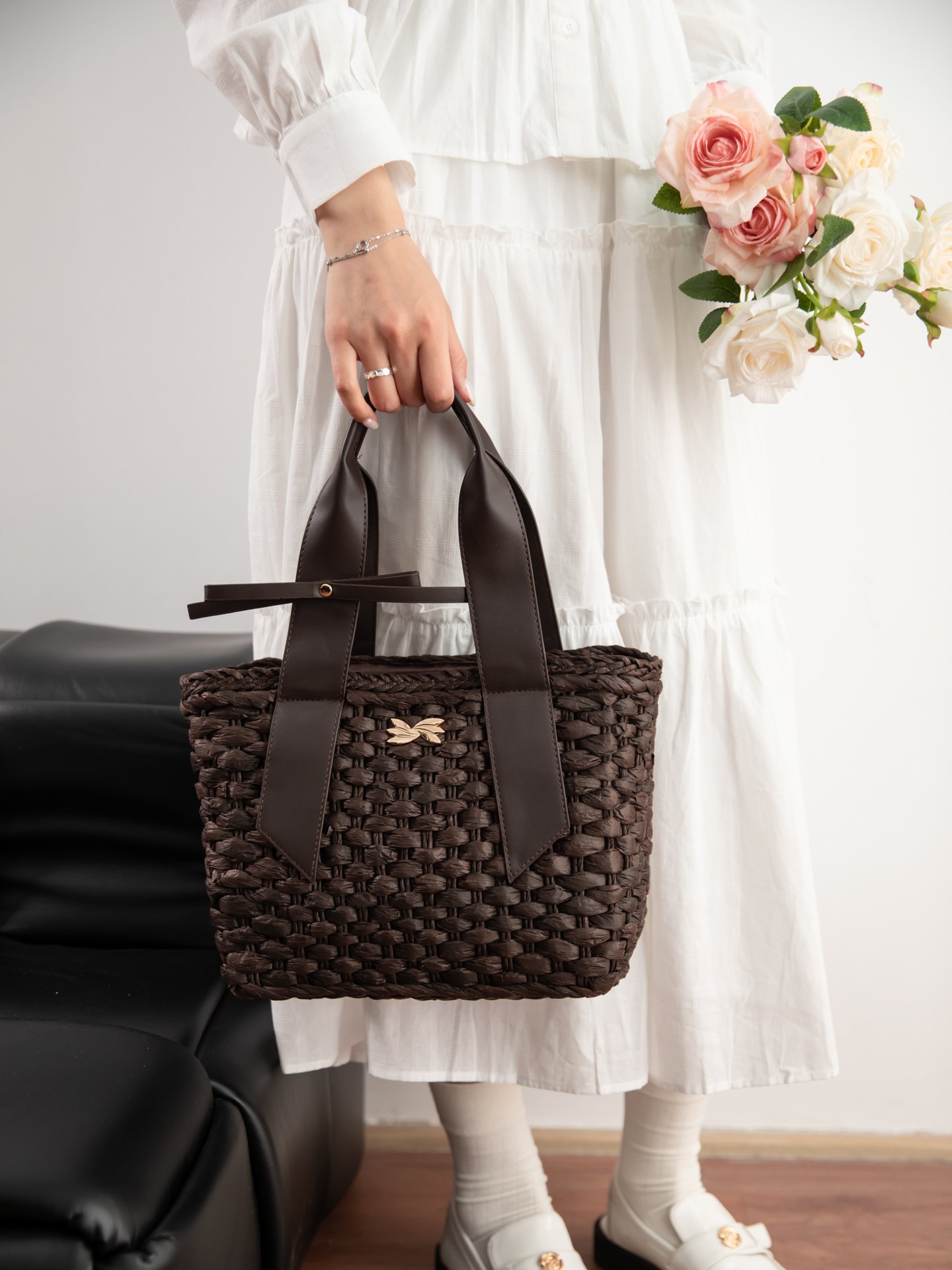 Purple Woven Handbag with Bow Accent