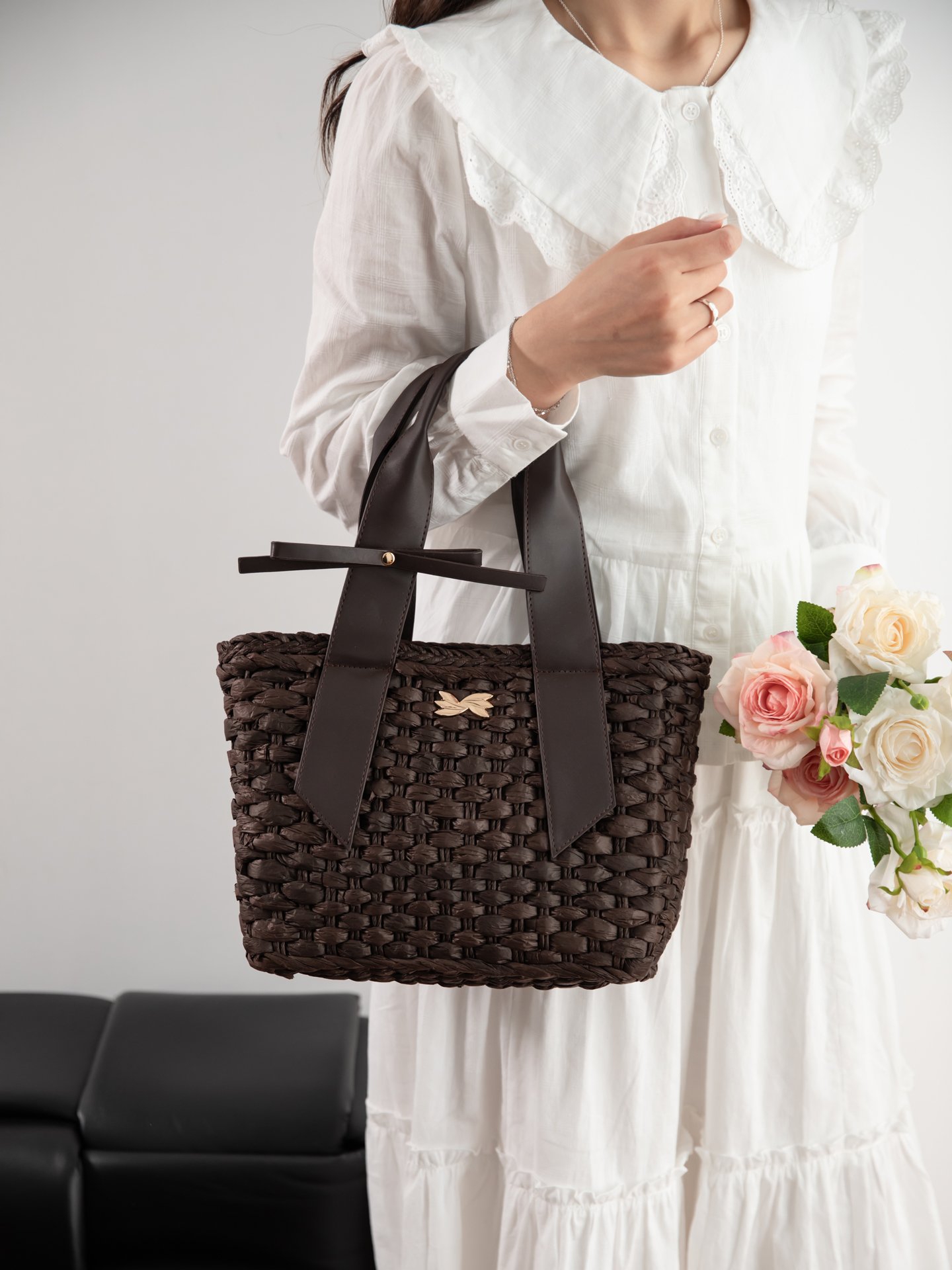 Purple Woven Handbag with Bow Accent