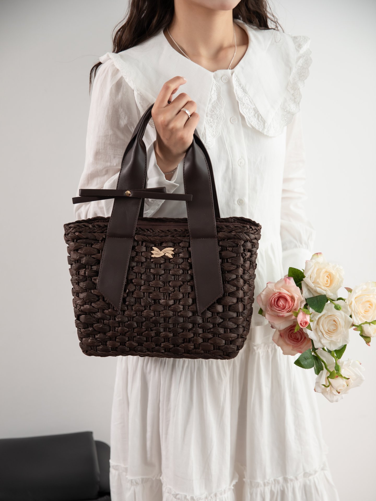 Purple Woven Handbag with Bow Accent