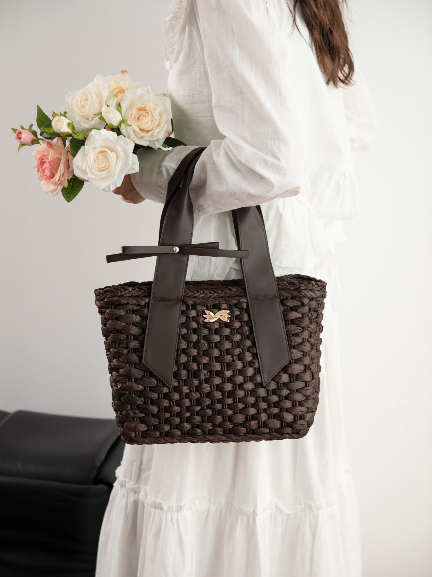 Purple Woven Handbag with Bow Accent