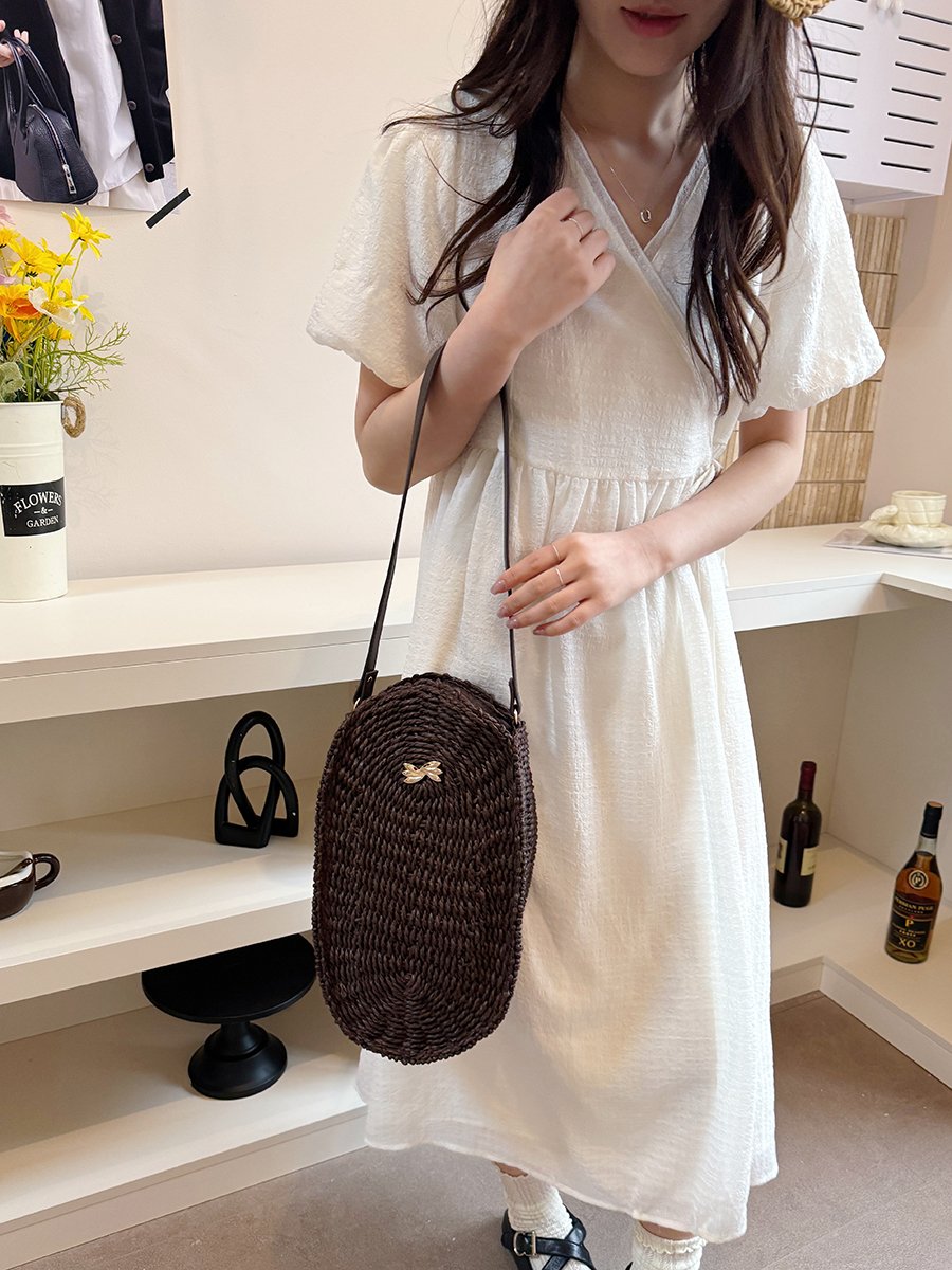 Purple Woven Shoulder Bag with Bow Accent