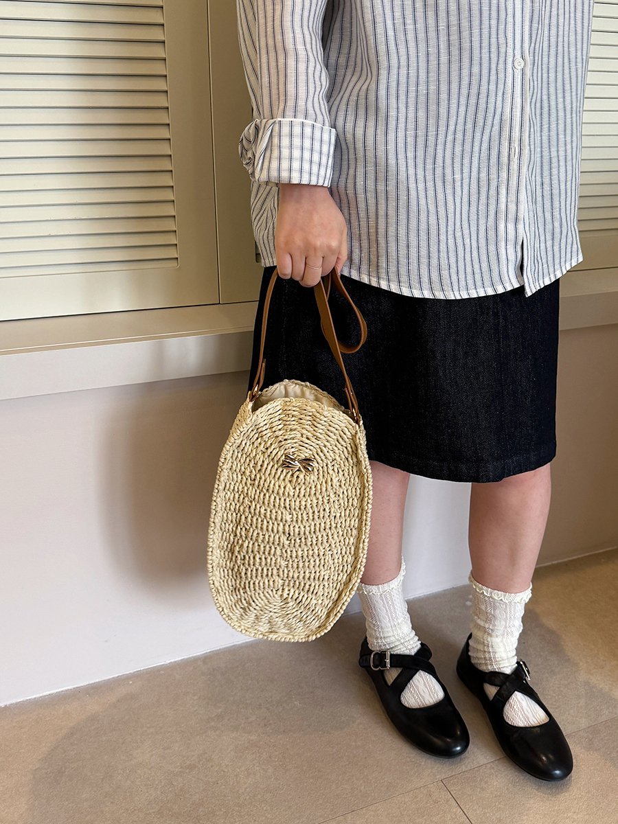 Off-White Woven Shoulder Bag with Faux Leather Handle