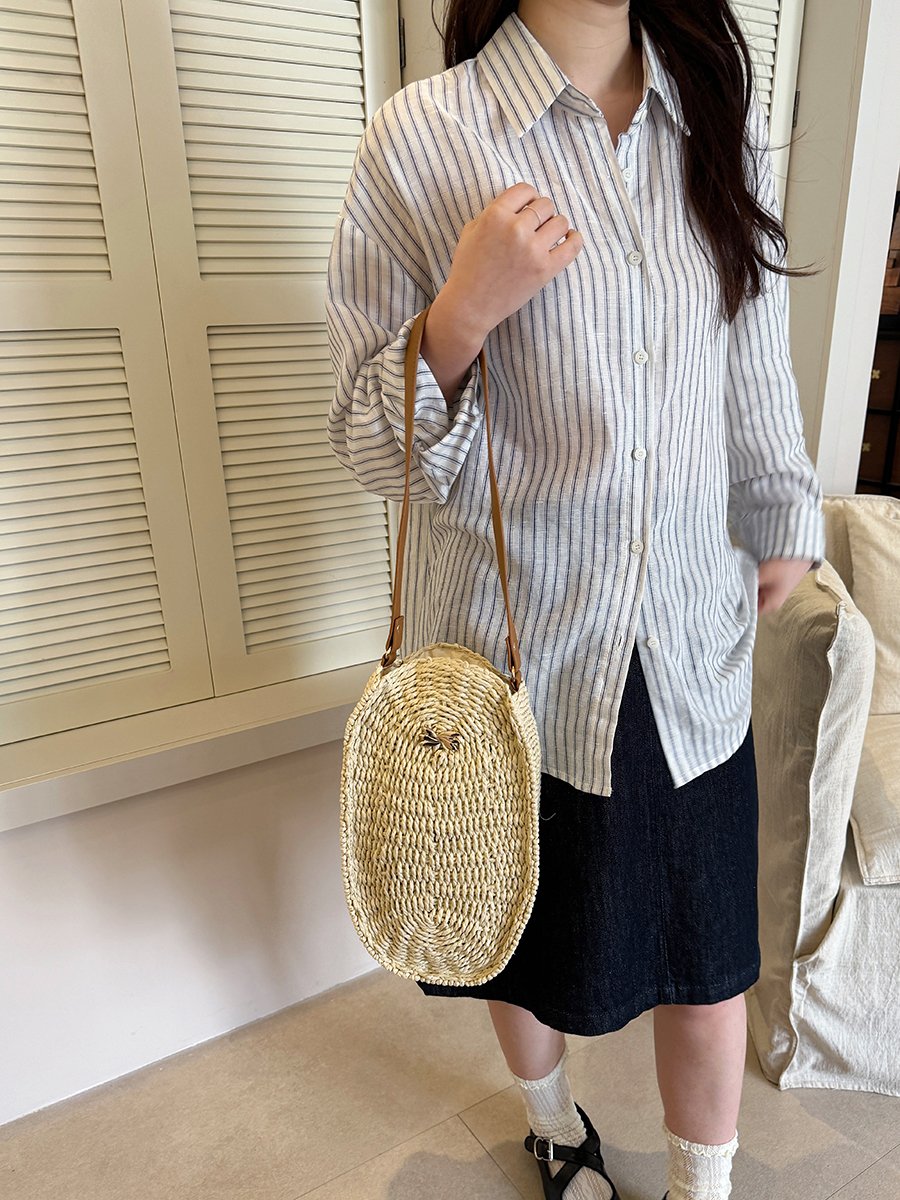 Off-White Woven Shoulder Bag with Faux Leather Handle