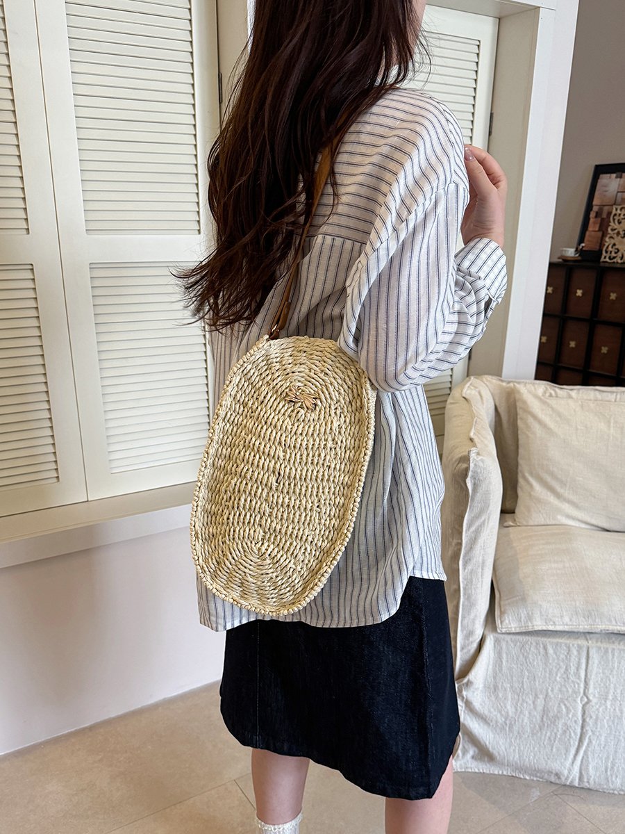 Off-White Woven Shoulder Bag with Faux Leather Handle