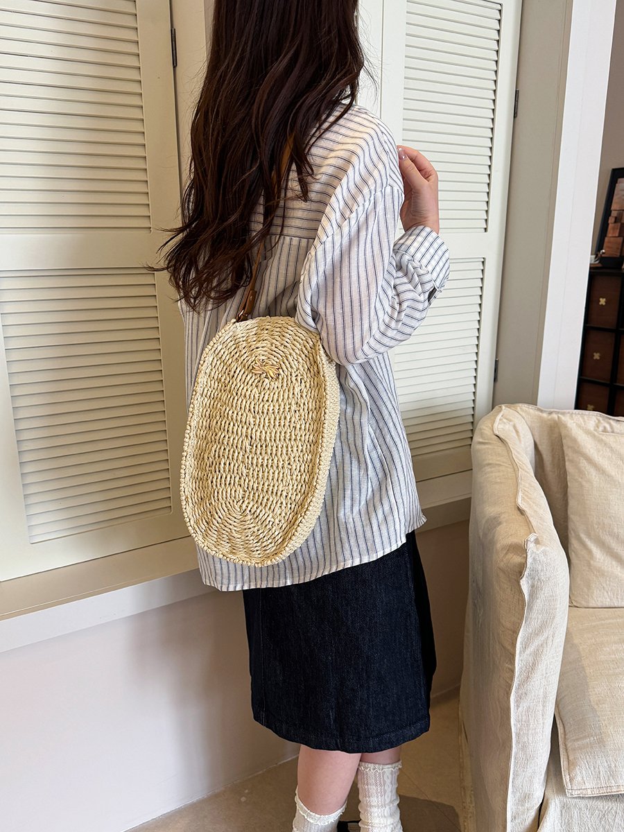 Off-White Woven Shoulder Bag with Faux Leather Handle