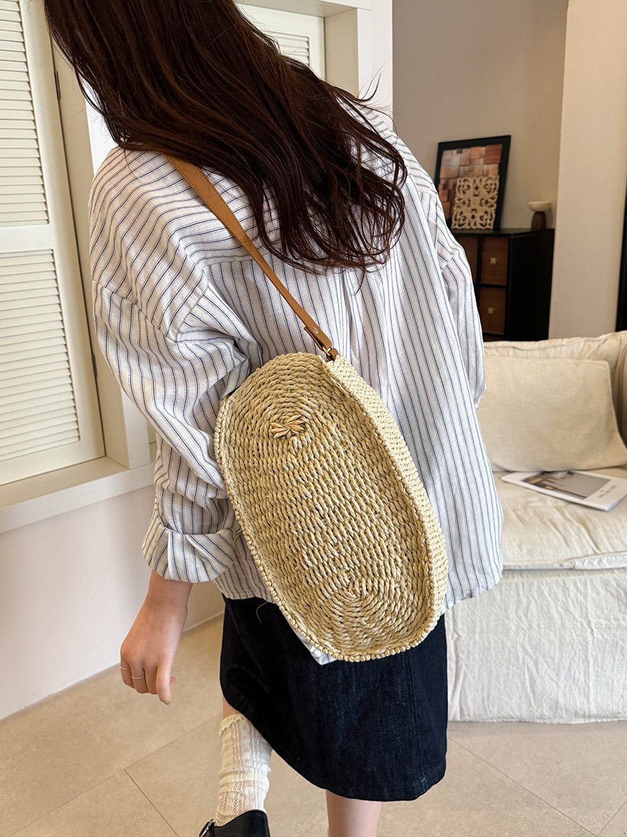 Off-White Woven Shoulder Bag with Faux Leather Handle