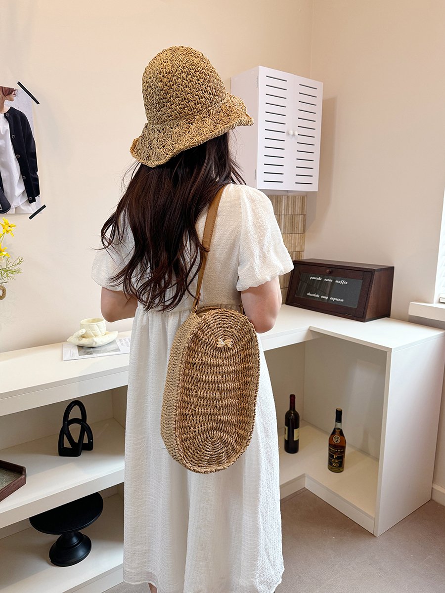 Khaki Woven Straw Shoulder Bag