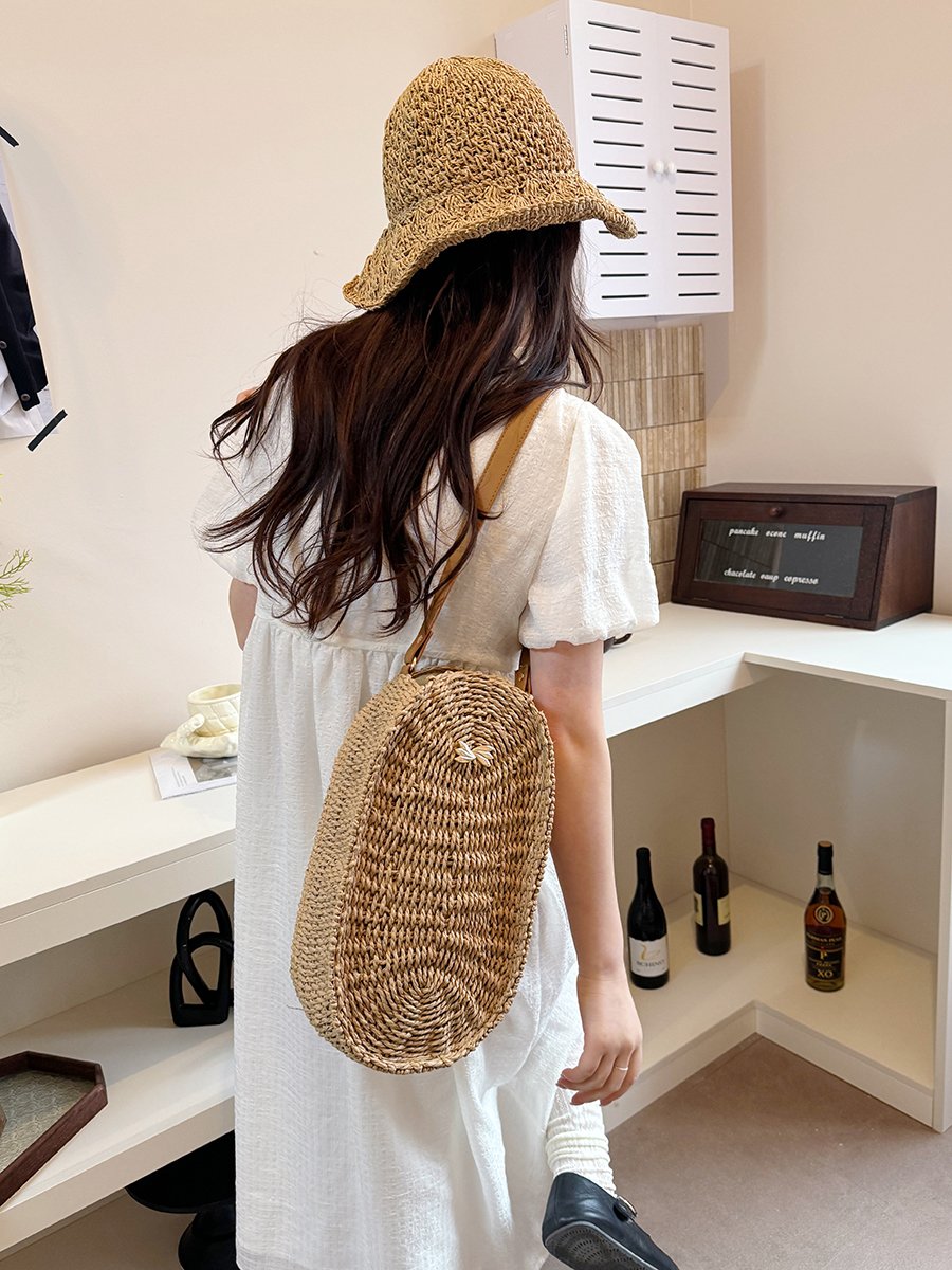 Khaki Woven Straw Shoulder Bag