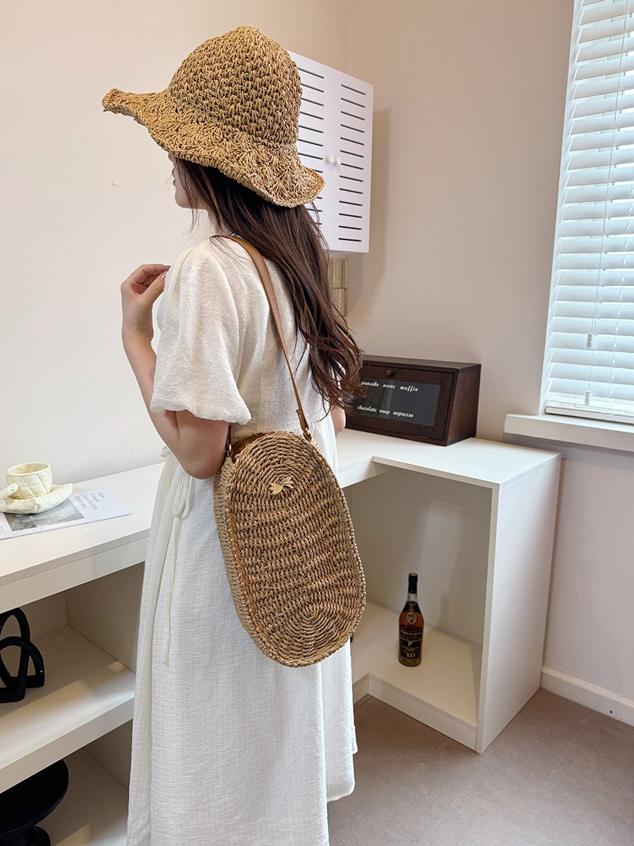 Khaki Woven Straw Shoulder Bag