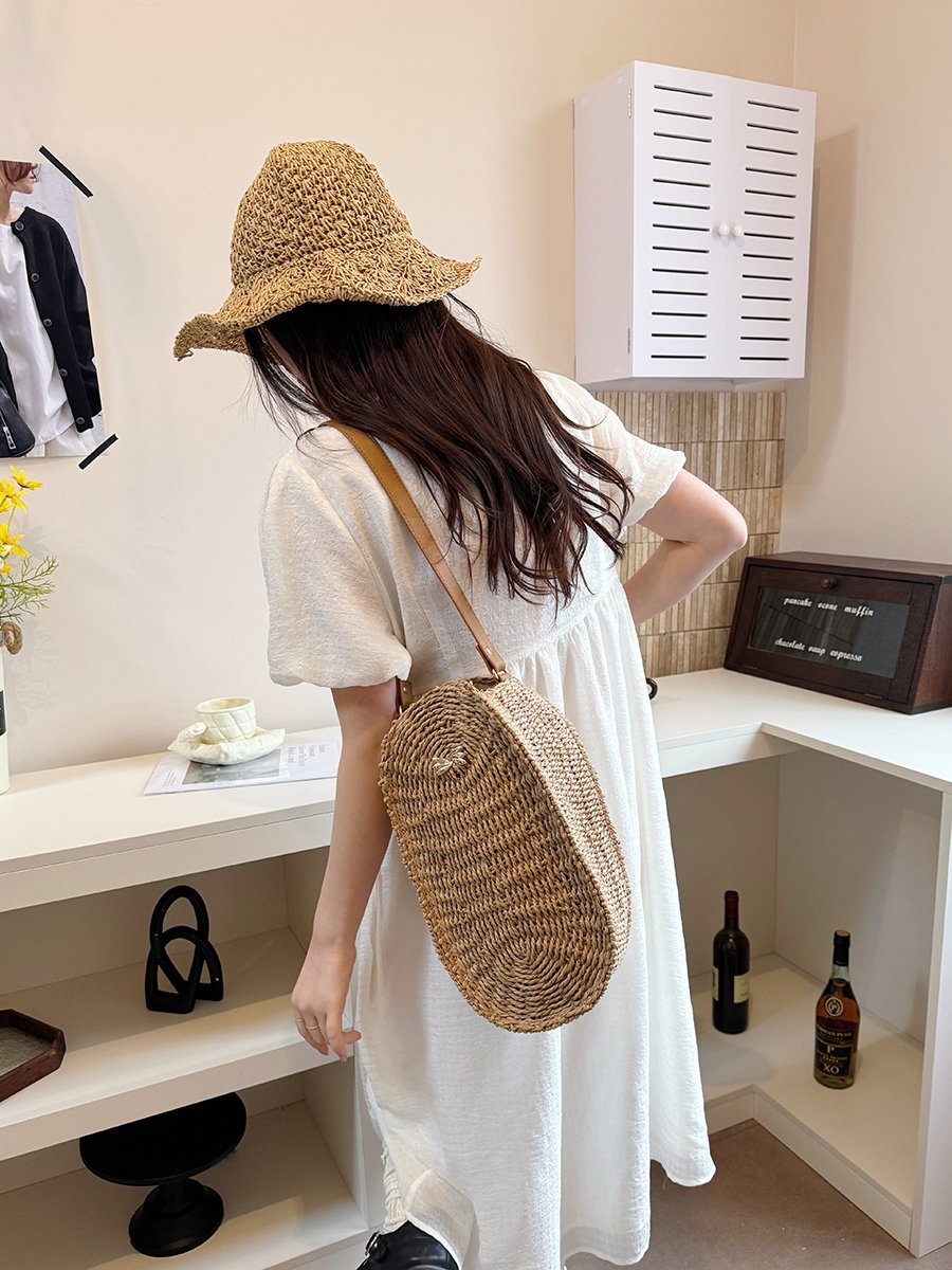 Khaki Woven Straw Shoulder Bag