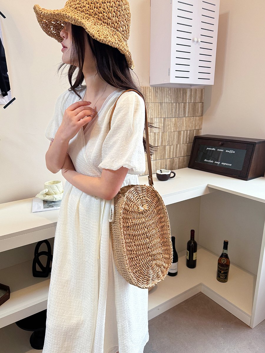 Khaki Woven Straw Shoulder Bag